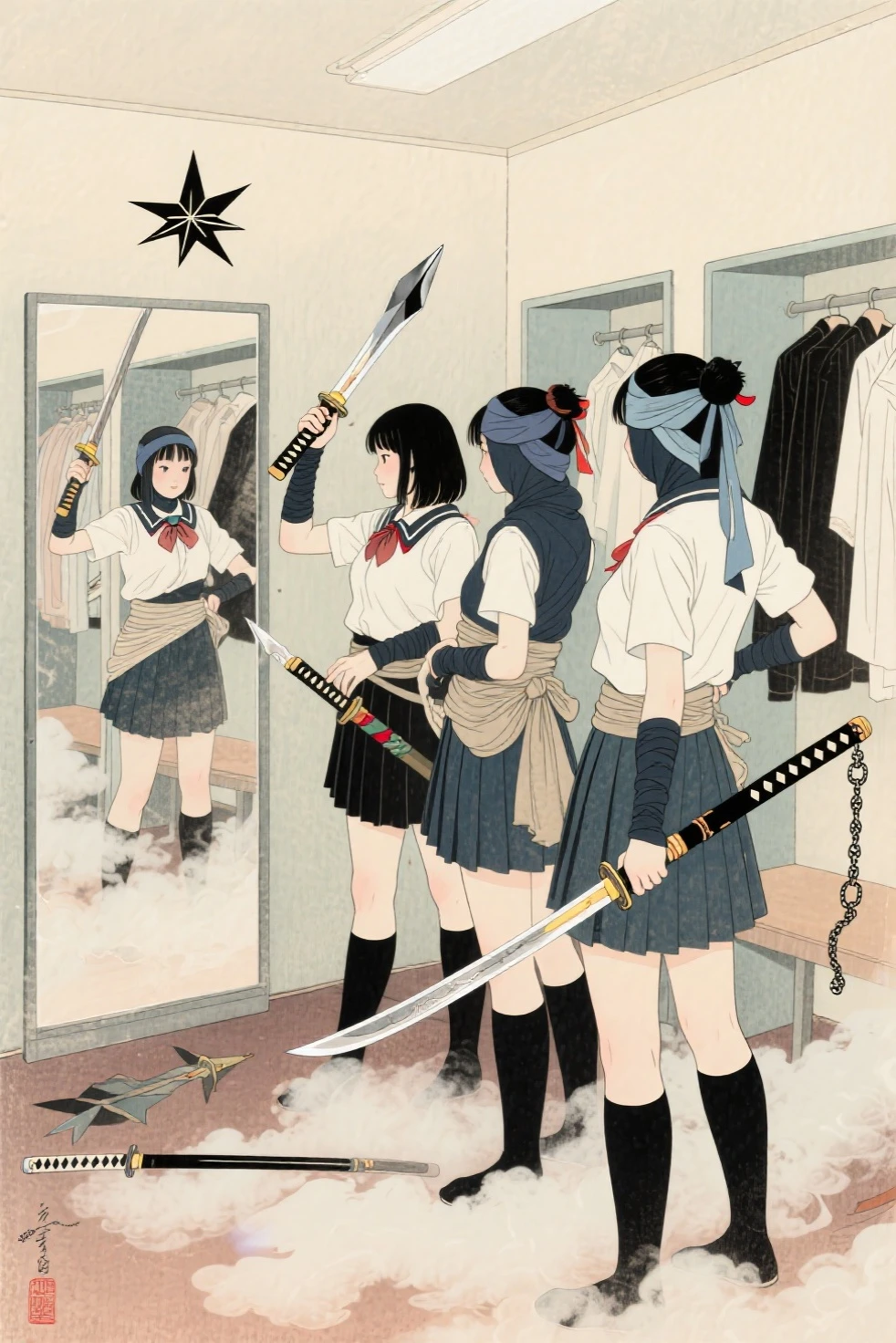 hokusai print, soft light, a group of female ninjas each holding a ninja weapon (shuriken, kunai, ninjato, kusarigama) and are changing from ninja wraps and ninja cowls into school uniforms in their celebrity dressing room as they look in the mirror wall, smoke cloud on the floor.