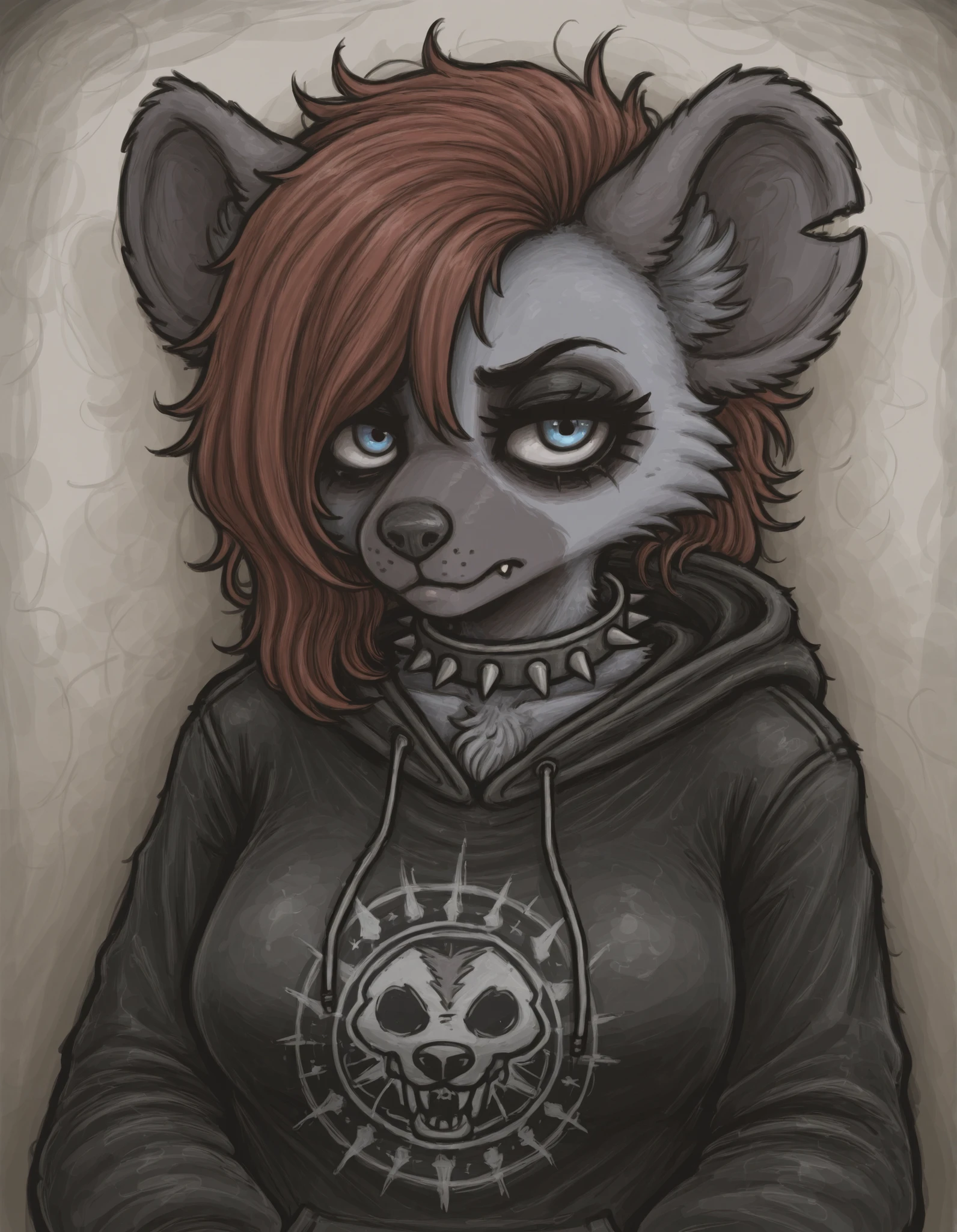 MCNS322MGG, faux traditional media,, 1girl, solo, anthro hyena, furry, furry female, blue eyes, punk, grey fur, black hoodie, breast, spike collar, red hair,