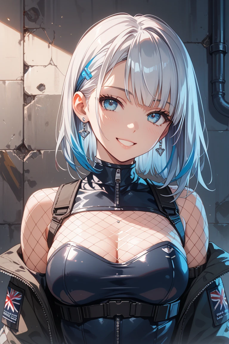 short white hair, big breasts, hands holding breasts, tongue sticking out