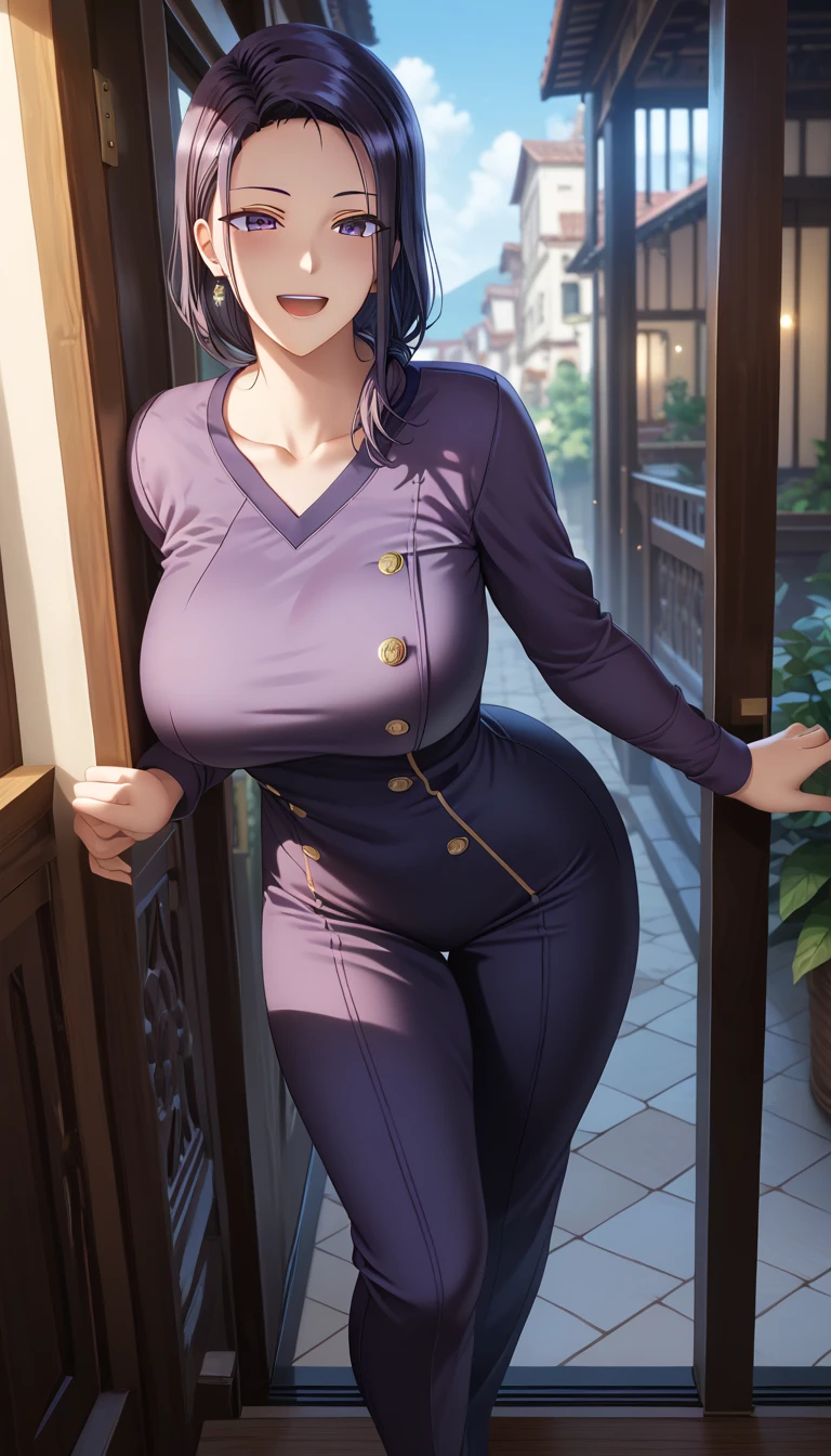 best quality, masterpiece, (leaning over:1.4), 
1girl, yuzuriha_(jigokuraku), purple hair, brown eyes, ninja, open clothes, cleavage, small breasts, topknot, medium hair, breasts apart, seductive smile, pants, undressing,  (blush:1.1),  japanese exterior, temple,
