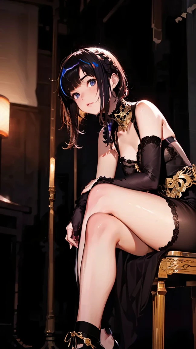 detailed 1girl, mavis dracula, black hair, black lips, blue eyes, vampire, fangs, smile, medium breasts, sexy,looking at viewer, black dress, striped thighhighs, night shot,