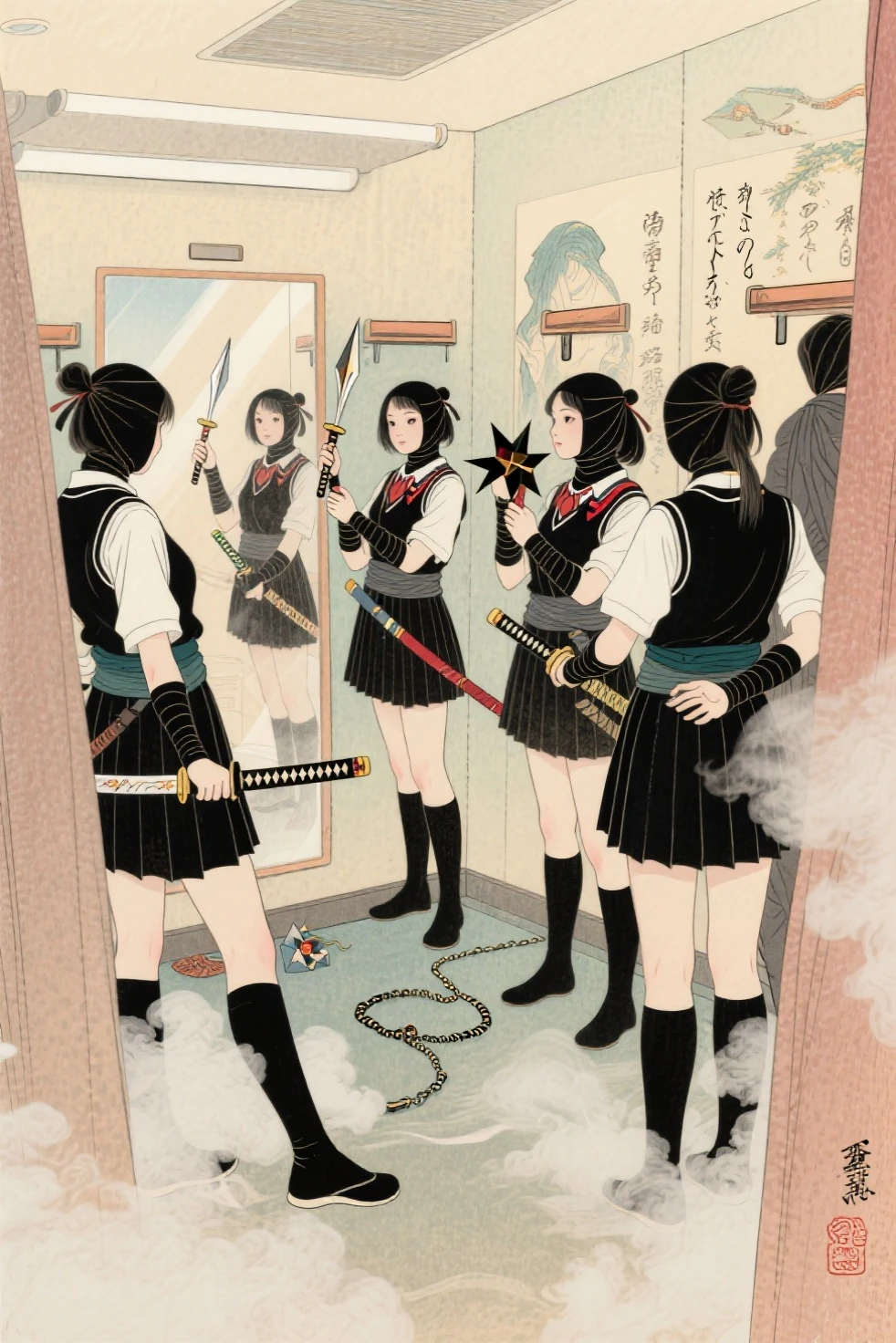 hokusai print, soft light, a group of female ninjas each holding a ninja weapon (shuriken, kunai, ninjato, kusarigama) and are changing from ninja wraps and ninja cowls into school uniforms in their celebrity dressing room as they look in the mirror wall, smoke cloud on the floor.