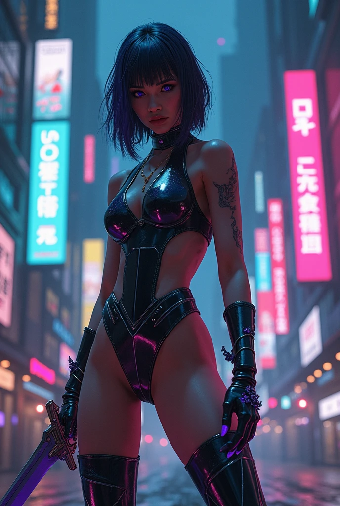 una mujer en bikini y auriculares parada frente a una ciudad, arte cyberpunk inspirado en rossdraws, ganador del concurso cgsociety, fantasy art, female chica anime ciberpunk, jet black haired chica ciberpunk, chica anime ciberpunk, seductive dark fantasy cyberpunk, chica ciberpunk, chica hermosa ciberpunk, anime ciberpunk, cyberpunk enojado hermosa diosa, arte del anime ciberpunk