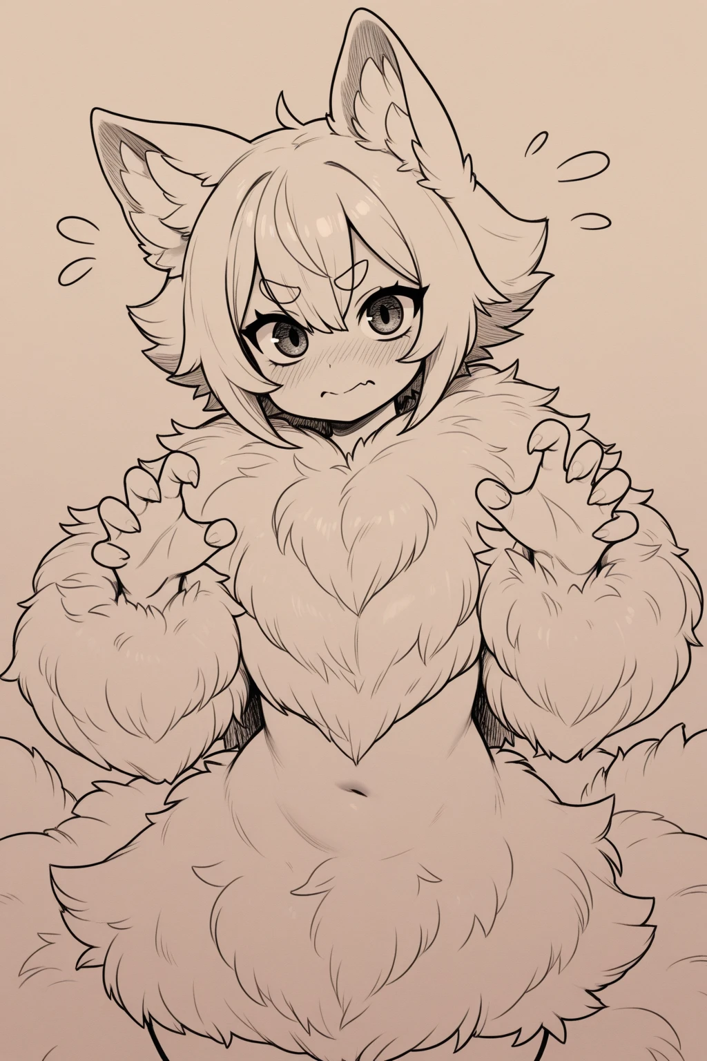 (Has light brown hair and yellow fur、A furry little human fennec fox boy), Naked，Stay naked， Happy, blush, whole body， paw pose，