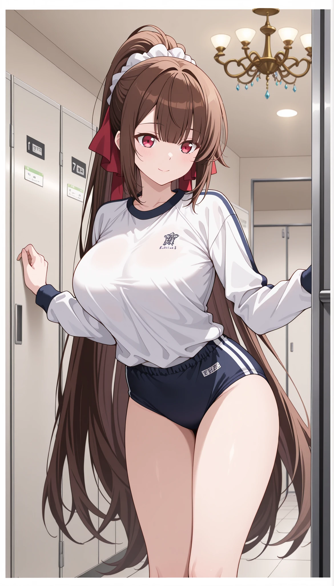 (beautiful girl : 1.3),1 girl,(amagi_ilxl,brown hair,long hair, large breasts,very long hair,red eyes,ponytail),(white gym clothes,long sleeve,dark blue buruma),Smile Yan,changing rooms,chandelier,masterpiece,top quality,Rich (masterpiece,best quality:1.2,amazing quality,very aesthetic,absurdres,newest), Contrasts,High Definition,8k,High Definition CG Unit Wallpaper,Textures,incredibly absurd,RAW,Deep Border 1 .2,very detailed