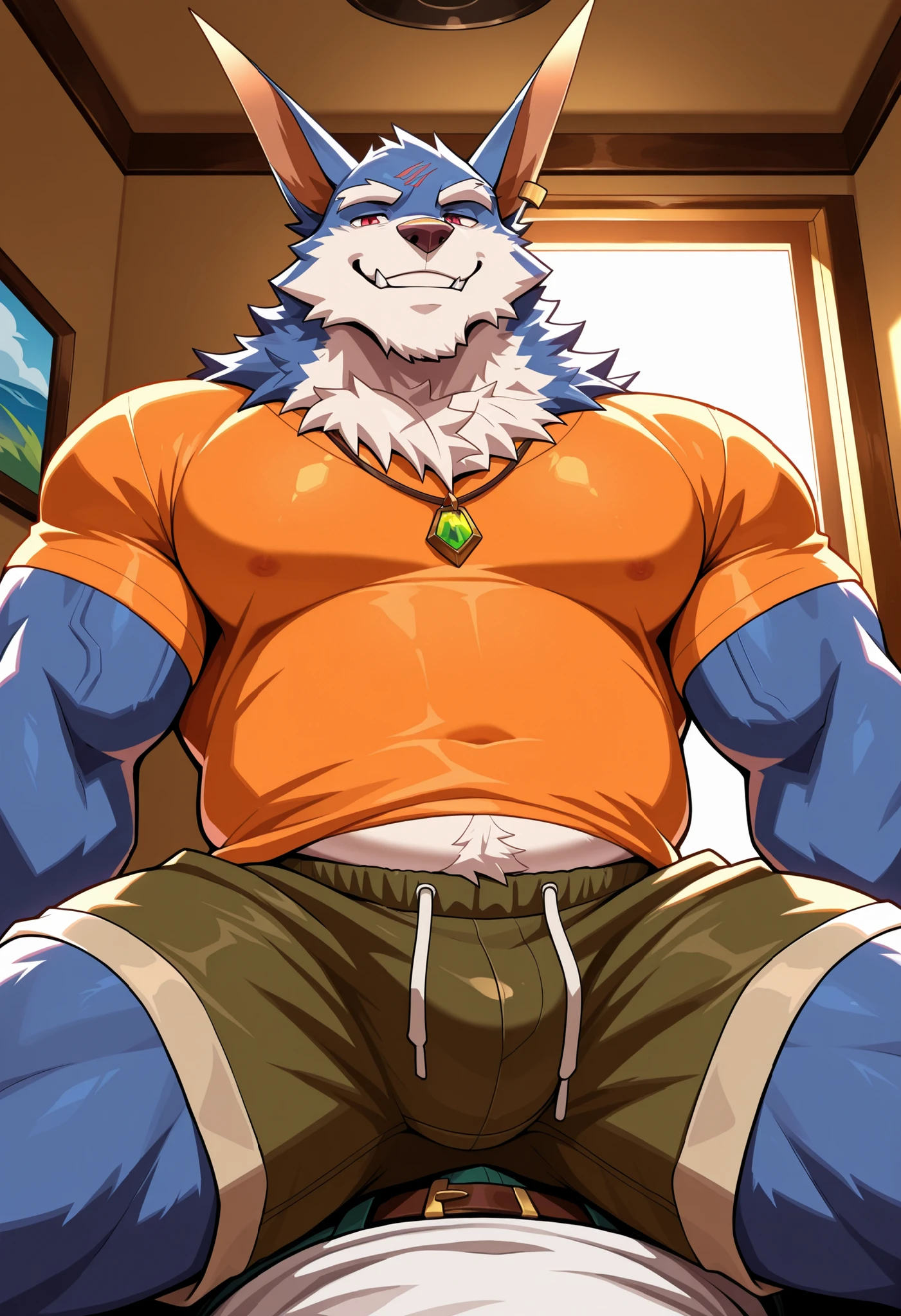 4k, score_9, score_8_up, score_7_up, mature, male focus, male, (detailed face), (detailed eyes), sharp focus, masterpiece, best quality, amazing quality, good lighting, anthro, bara, 5finger, slightly chubby, warwick_lol, casual shorts, hopeful, warm smile, pendant, attractive, handsome, affectionate, sitting on top of you
