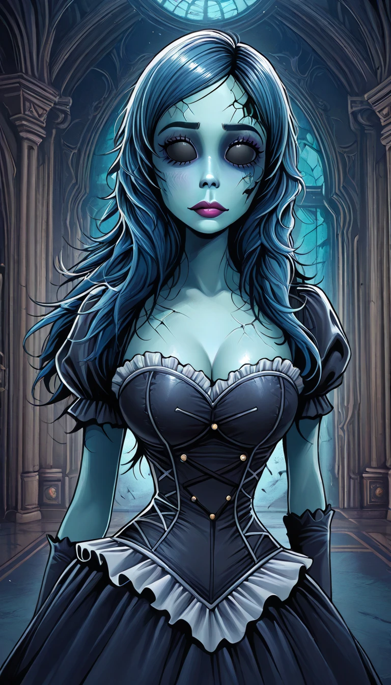 ((((masterpiece, best quality, high resolution)))), (1girl:1.5), ((wavy hair, cracked skin, colored skin, blue skin, doll joints, one eye closed, four arms)), (medium breasts :1.2), blush, glow, thighs, bare shoulders, collarbone, narrow waist, (slender body figure), cleavage, (beautiful detailed face, beautiful detailed eyes), extra arms doll, joints, doll joints