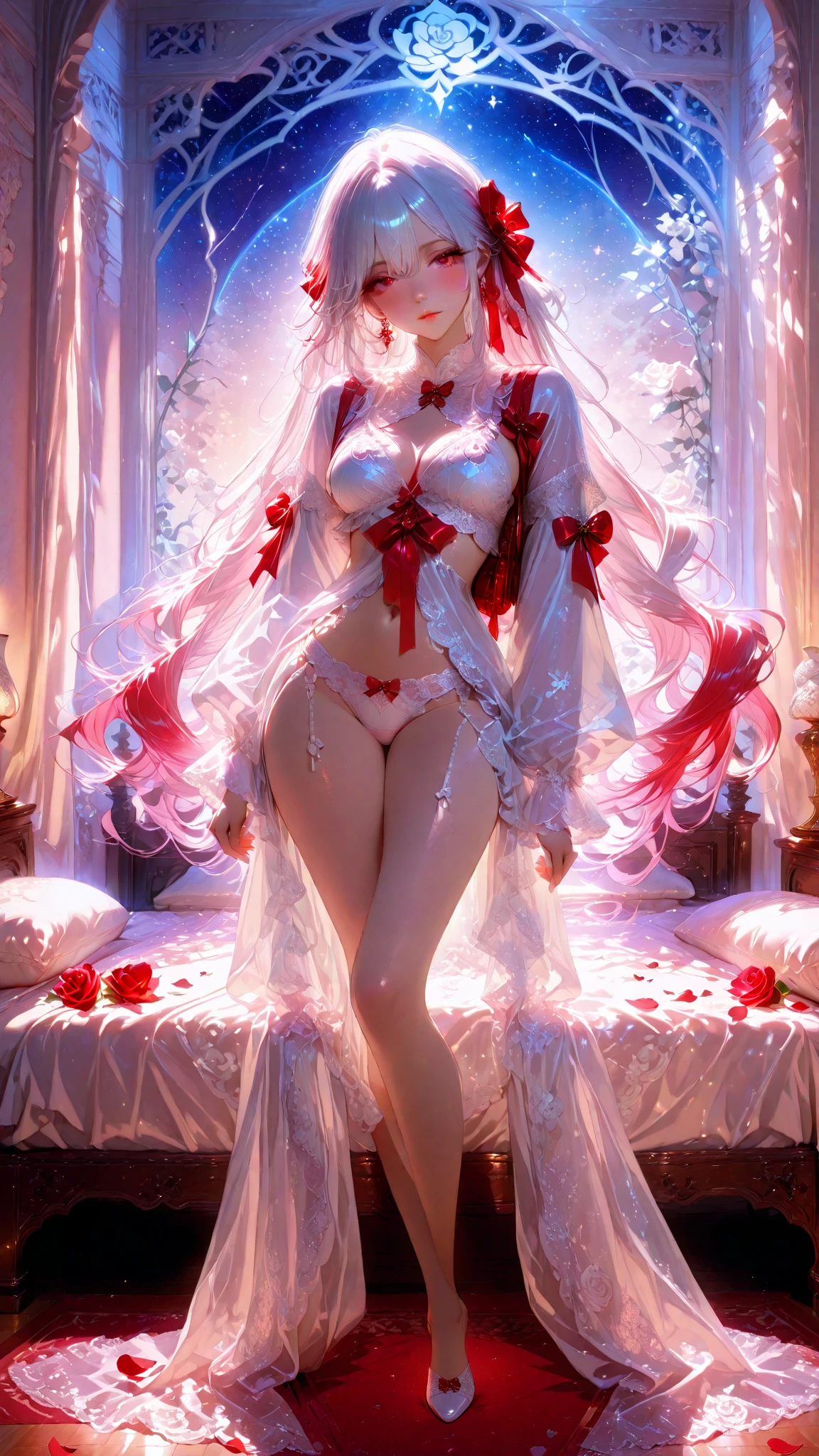 (((depict young girll))), (((top-quality, masterpiece))), 4k, HD, silver hair, ((bob cut)), one braid, ((red rose in hair)), green eyes, (((sofisticate lingerie))), ((lace lingerie details)), black and red lingerie, many white ribbons, maid, lovely, sexy pose, smile, happy, warm, ((small breasts)), nice hips, (Masterpiece, Excellent, complex details), delicate girl, delicate face, knightly atmosphere