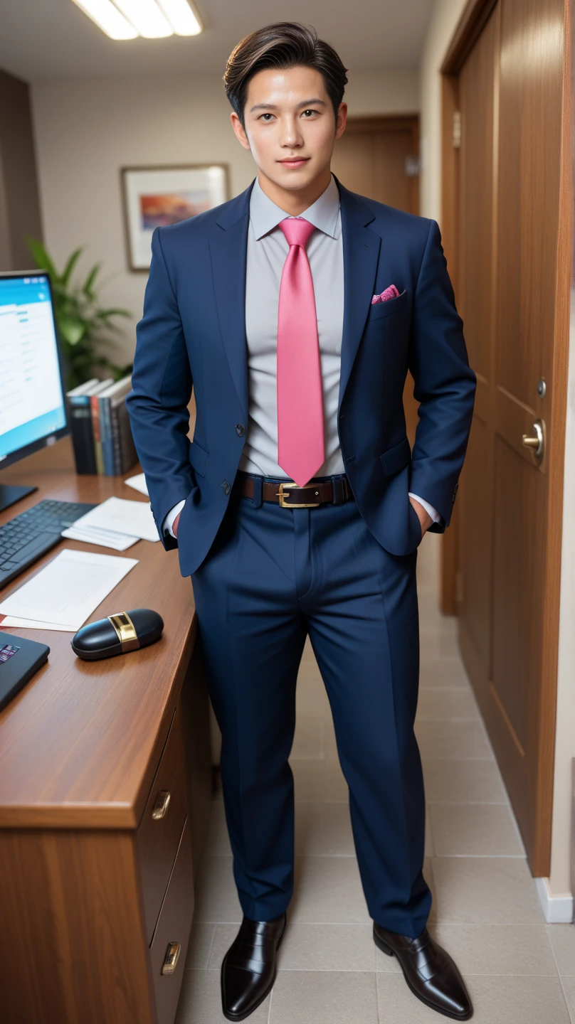 HOMEM COREANO, wearing a suit, cheavage, PEITO MUSCULAR, volume na cueca, bulge, grande, in office, usando terno, trabalhando