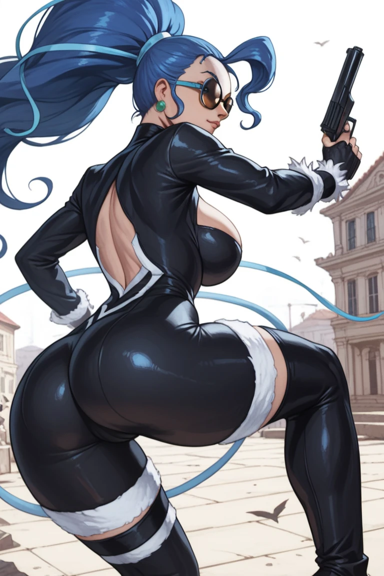 Chun-Li, once a fierce warrior, now a disturbingly transformed slave to the Joker's twisted whims. Her once vibrant skin has been eerily bleached to an unnatural alabaster white, a stark contrast to the clownish grin painted across her face. Her iconic blue qipao has been ripped away, replaced by a skimpy, tattered ensemble that accentuates her new, exaggerated MILF body. Her breasts are unnaturally enlarged and pushed up by a tight, neon-green corset, which is cinched so tightly it seems to defy the laws of physics. The corset's fabric matches the vivid color of her new pigtails, which are adorned with joker-themed bows that dangle playfully by her ears. Her panties are similarly neon-green and so tiny that they barely cover her fully exposed pussy, which is adorned with a ring that matches the color scheme. The scene is set in a grimy, dimly lit room with a clown-themed backdrop, replete with macabre balloons and oversized playing cards scattered on the floor. The Joker stands behind her, his arms wrapped around her waist, his purple gloved hands resting on her hips as he leers over her shoulder, a twisted smile etched into his own grotesque visage. Chun-Li's expression is a mix of horror and submission, her eyes glazed over with a disturbing mix of fear and acceptance. Her once strong stance is now one of defeat, with her legs slightly apart and her wrists bound in front of her by thick, coiled chains, leaving her completely vulnerable to the Joker's depraved desires. The harsh lighting casts long shadows across the scene, highlighting the stark contrast between the purity of her white skin and the garish colors of her new attire. Her muscular legs, now shackled in high-heeled boots, are spread slightly apart, emphasizing her now-exposed pussy and the leather collar around her neck, which is attached to a chain that the Joker holds in his free hand, symbolizing her complete subjugation to his will. The overall atmosphere is one of twisted power character desesign