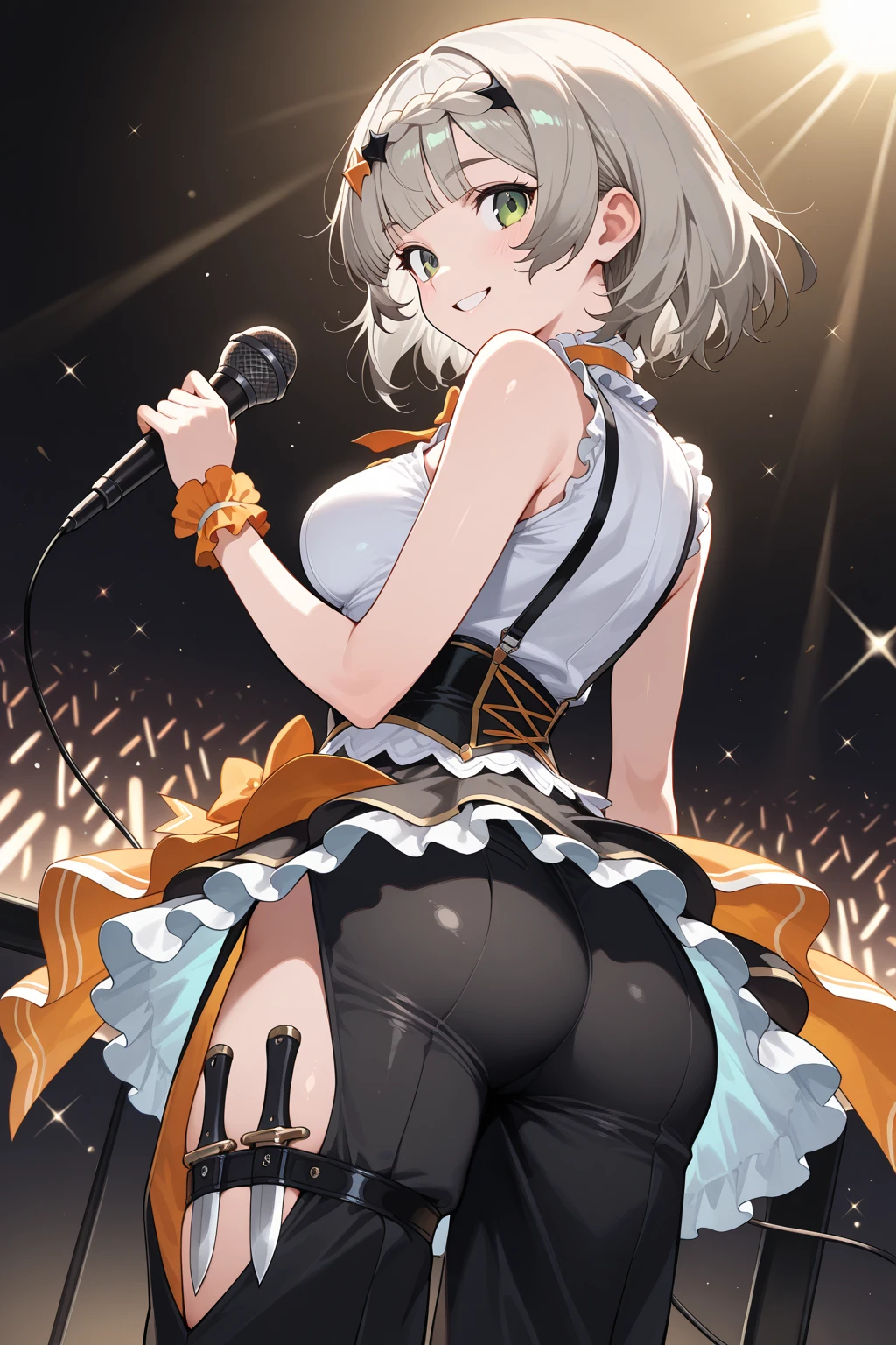 One Woman、Idol、Idolの服装、AKB's clothing、Live Performance Venues、Large crowd、beautiful girl, Highest quality,Cover the screen with your butt, smile, Black Pantyhose, panties under pantyhose、Thick thighs、Big 、Big Ass、Black Hair、Sweaty pantyhose、Angle from directly below、Sweaty crotch、Intense dancing、dance、Microphone in one hand、A vibrator in one hand、Orgasmic face、Face of ecstasy