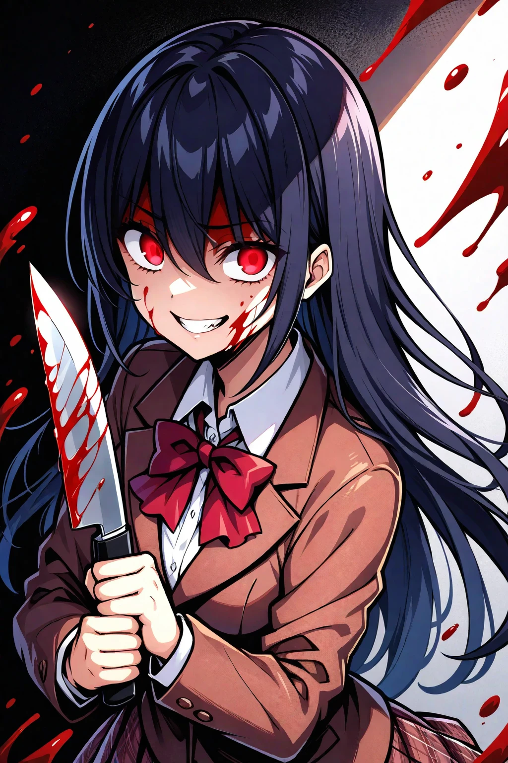 Teenage female with black hair, unkept hair, messy hair, messy clothing, insane eyes, in a schoolgirl outfit, antisocial, eye shadow, red eye color, bags under eyes, lots of eyeshadow on, bloody, yandere, insane, holding a knife, crazy smile, blood on her clothes