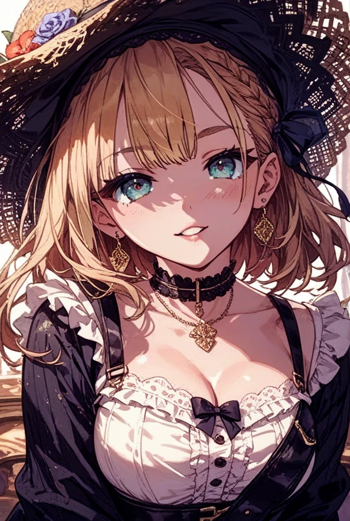 ((Biologically correct limb count))、((whole body including face))、4K、Masterpiece、((Focus on the face))、((Symmetrical, well-proportioned facial features))、Eyes with delicate depictions、(((1 person)))、Beautiful woman、Outstanding style、Slender Body、((Headband、Gothic Lolita、dress、(High heels)))、(smile)、(Close-up photo of the upper body)、High angle、Stop and look up、Photo with white border、