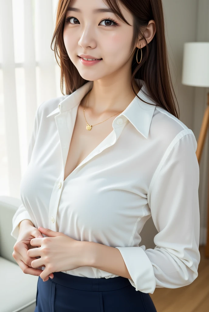 (RAW Photos), (Realistic), (masterpiece), (highest quality), High resolution, 8k, (Intricate details), (Volumetric Light), Portraiture, woman, Age 35, Medium Hair, Straight hair, Medium Chest, Layered Hair, Brown Hair, Very beautiful eyes, Source order, Very thin eyebrows, Very fine skin, Very beautiful mouth, Very nice nose, Cute like an idol, smile, (Thick lips), (Looking at the audience), (See-through pearl white collared dress shirt), Above the knee shot