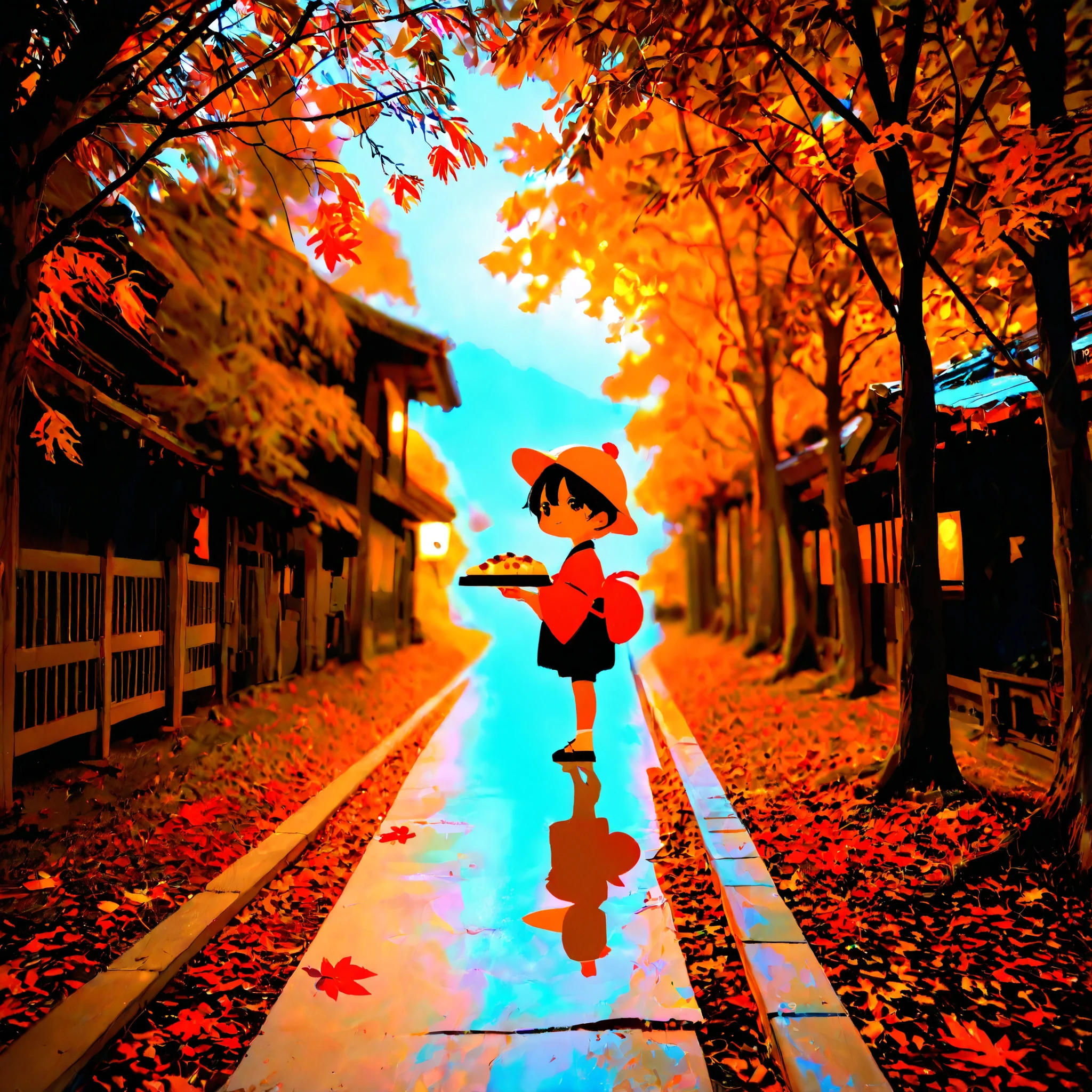 close-up:2,a young Japanese yokai boy with radiant hair, holding a large block of tofu on a tray, tofu topped with autumn leaves, wearing a traditional small hat, d
photo background:dimly lit traditional Japanese countryside path at twilight, subtle mist drifting between trees, faded autumn leaves scattered on the ground, soft shadows, watercolor painting style, light filtering through tree branches, cinematic light rays, monochrome palette with faint warm tones, serene and mysterious mood