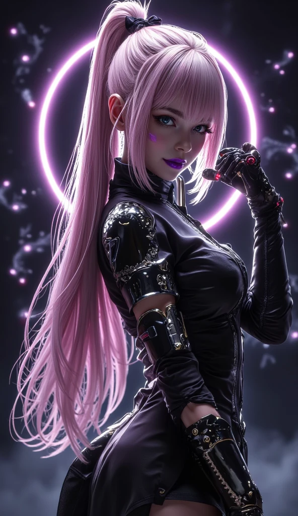 anime style, a closeup of a cartoon of a woman with ears and rabbit tail, with rabbit tail, with rabbit ears, girl design, mara, portrait, giesha, anime image, long hair, pink hair, hair covering ears, happy, polished and powerful look, exotic, tall, joyful expression