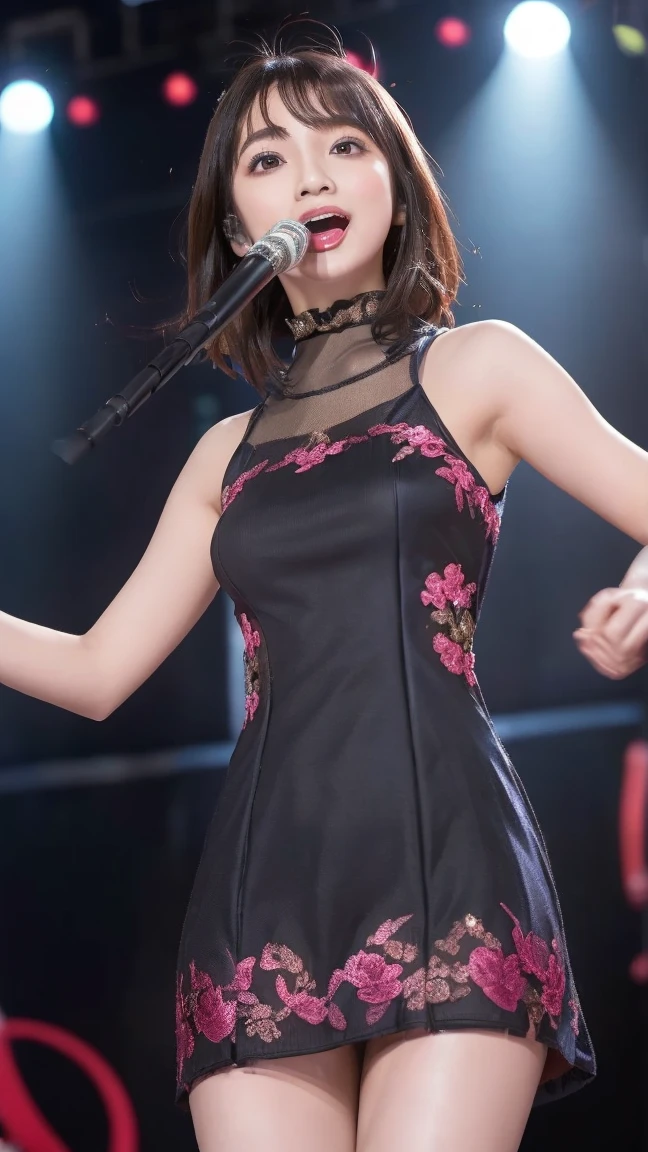(8k、RAW Photos、Highest quality、masterpiece:1.2)、(Realistic、Realistic)、1 person、((Pink and black、Medium Hair、Garter Ring、mini skirt、Thin legs、whole body、boots、View from the front、Looking into the camera、Night Park、Stand with hands on hips))、cute
