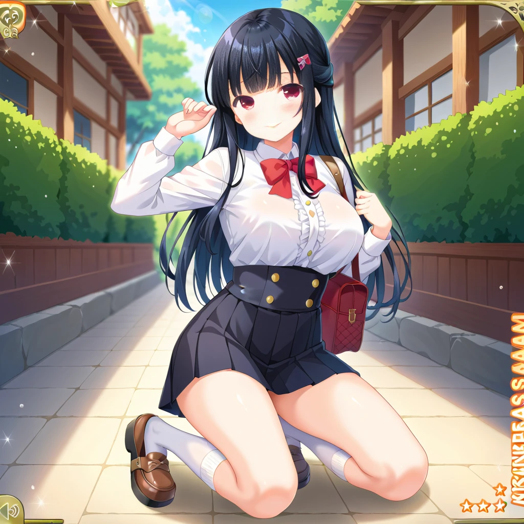 80s anime-style anime girl sitting in flower garden looking at camera, Smiling. PastelColors