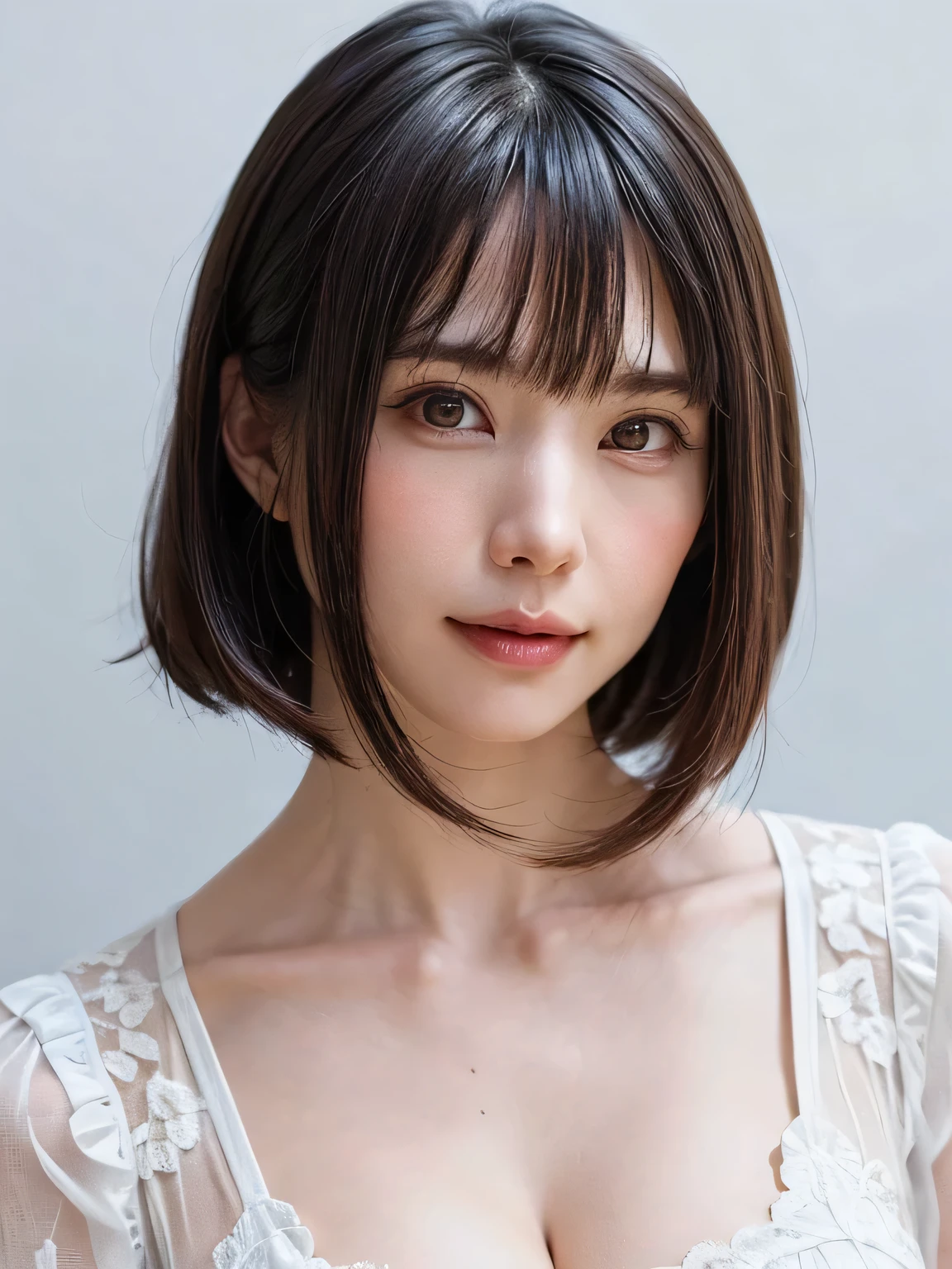 (table top, highest quality、ultra high resolution、full body、decolletage focus、very attractive beauty、nude,Adds intense highlights to the eyes、look closely at the camera:1.4、Absolutely beautiful bangs:1.4、Brunette short bob hair with bangs:1.4),1 girl, Report, black haired, realistic, looking at the viewer, pale black eyes, short hair, lips, lip gloss, Upper body、Big eyes、eyelash)、((italian natural background、hyper real stick:1.4))、((short hair with bangs:1.4、Beautiful bangs with 46 points:1.4、{Huge|big|Huge|mega} chest:2, cleavage:2、Big eyes、Give your students very powerful highlights、very bigger chest、look at the audience、very beautiful beauty、show me your ears、beautiful long neck、beautiful decollete、smile、A smilee　beautiful teeth、Open your mouth and smilee))、28 years old、very cute super model、perfect anatomy