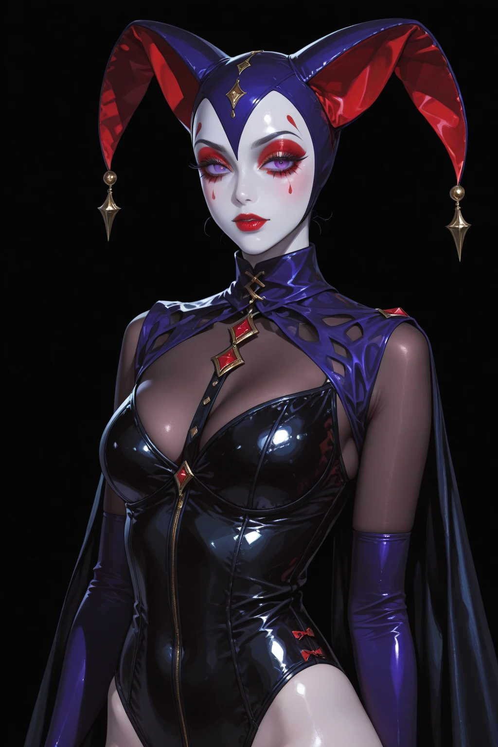 a stunning menacing female harlequin jester, in full makeup, and skimpy custume.