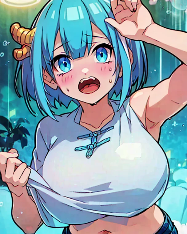 Blue skin goblin girl, big curvy pointed ears with pink hinge inside, cute, red eyes, dark blue hair, transparent shirt, wet, high quality, clear water drops, face enlargement, sun reflection, sparkle, medium sized breasts, 14 year old girl The shirt clings to her body, revealing her blue skin, and she is thin, covering her chest with her right hand, and lowering her tight shirt with her left hand, covering her chest, with threads of water on her wrist.