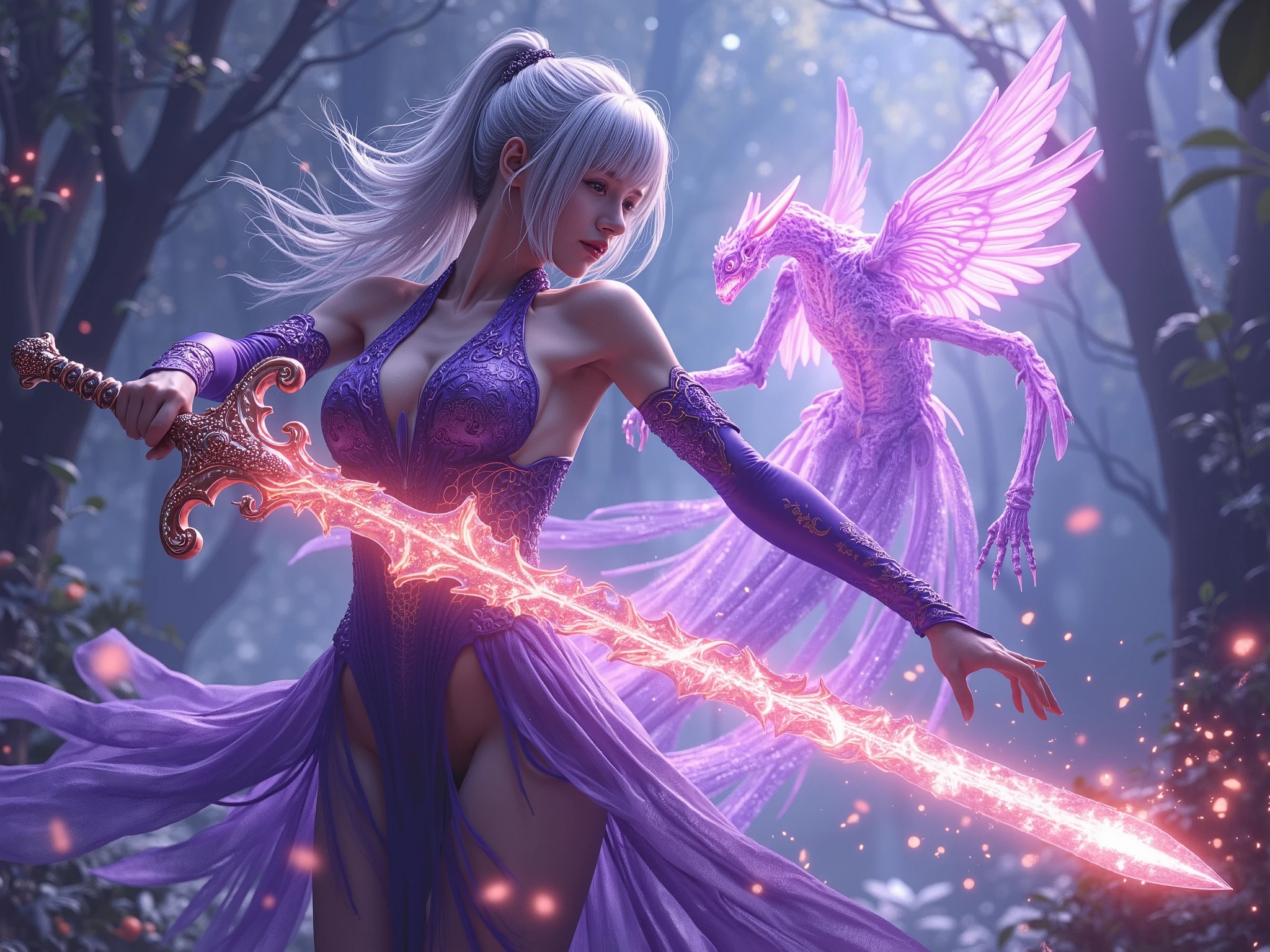 Best Quality,4K,8k,hi-res,masterpiece:1.2,Super Detailed,realistic:1.37,HDR,ultra high resolution,Ultra Fine Painting,clear focus,Physically Based Rendering,Extremely detailed description of the surroundings,Professional,Art Nouveau,tarot card style, (2 characters), dynamic angle, Dynamic Poses, intense expressions, full body, alien woman, A guardian spirit accompanies the female magical swordsman who wields the Sword of Fire. The sword has an ethereal energy The . Women are protected by guardian spirits, has a pleasant and powerful presence ., Tied with flowing silver hair., showcases the finest craftsmanship in the medium of digital illustration, with JRPG elements . この場面はbright color彩に満ちている, captures the essence of a fantasy world . lighting emits warm light, emphasizes the intricate details of the female magic sword , and guardian spirit . A female magic swordsman gracefully manipulates weapons , adds a magical and fascinating element to the scene , The atmosphere is reminiscent of the Final Fantasy X world., Concept art inspired by Jean Giraud Mevius, The overall quality of the images generated is top notch , with Super Detailed visuals to bring this captivating composition to life. The artwork is reminiscent of a masterpiece, Concept art inspired by Jean Giraud Mevius., Amano Yoshitaka Kaze , Fractalized , Organic exoskeleton , glass exoskeleton ,Exotic plants,(Bioluminescent bacteria),bright color, Light Purple Hues ,It has become a hot topic on CGSOCIETY,Landscape,horror,SF,Concept artist,明るくbright color,dreamy lighting