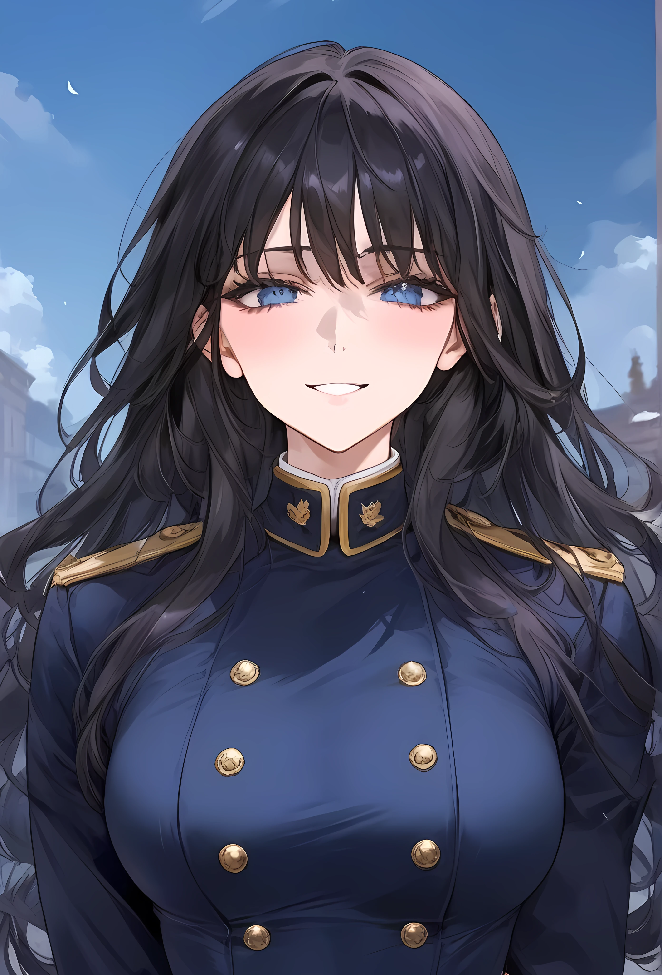 score_9, score_8_up, (masterpiece, top quality, best quality, official art, beautiful and aesthetic:1.2), (8k, best quality, masterpiece:1.2), (((masterpiece))), (((best quality))), (((extremely detailed))), illustration, (masterpiece, top quality, best quality, official art, beautiful and aesthetic:1.2), (8k, best quality, masterpiece:1.2), see-through, source_anime, 1girl, adult, ((dark hair)), dark hair, ((intimidant look)), ((close-up)), blue eyes, uniform, sexy, dark colors, brillant eyes, ((wavy hair)), perfect hands, ((intimidant look)), good anatomy, ((militar uniform)), emotionless, intimidant, ((beautiful eyes)), close up, ((detailed eyes)), beautiful eyes, ((detailed face)), arrogant smile, detailed face, full body, full body, evil smile
