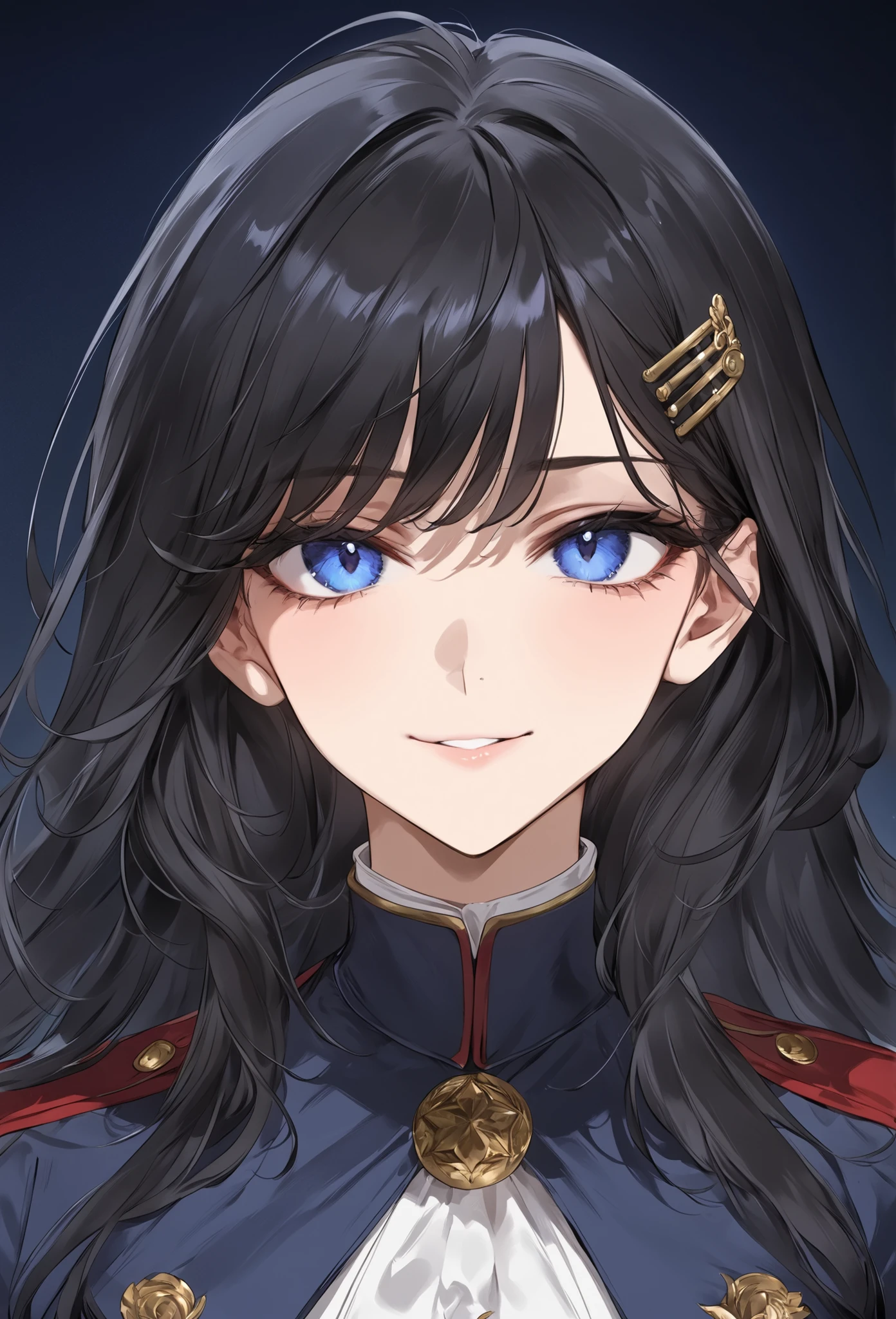 score_9, score_8_up, (masterpiece, top quality, best quality, official art, beautiful and aesthetic:1.2), (8k, best quality, masterpiece:1.2), (((masterpiece))), (((best quality))), (((extremely detailed))), illustration, (masterpiece, top quality, best quality, official art, beautiful and aesthetic:1.2), (8k, best quality, masterpiece:1.2), see-through, source_anime, 1girl, adult, ((dark hair)), dark hair, ((intimidant look)), ((close-up)), blue eyes, uniform, sexy, dark colors, brillant eyes, ((wavy hair)), perfect hands, ((intimidant look)), good anatomy, ((militar uniform)), emotionless, intimidant, ((beautiful eyes)), close up, ((detailed eyes)), beautiful eyes, ((detailed face)), arrogant smile, detailed face, full body, full body, evil smile