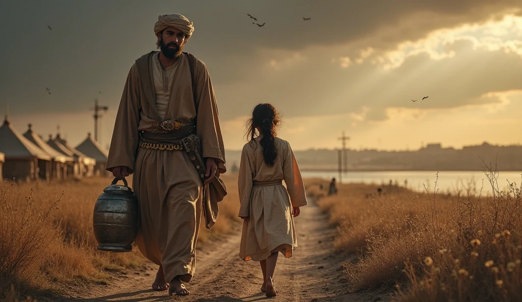 Give me Image for a man carrying heavy load with his wife helping him to carry it. Let the body of the woman be well covered