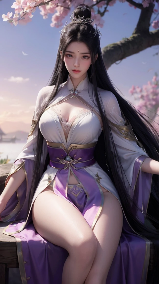the night,A young girl with long purple hair and purple eyes,Like a river of stars,Wearing a gorgeous lilac cheongsam,The cheongsam outlines the plump figure,Snow-white jade-like legs were exposed,Plump breasts loom,On the beach by the sea, Extend your hands to me,looking at the stars,2K resolution