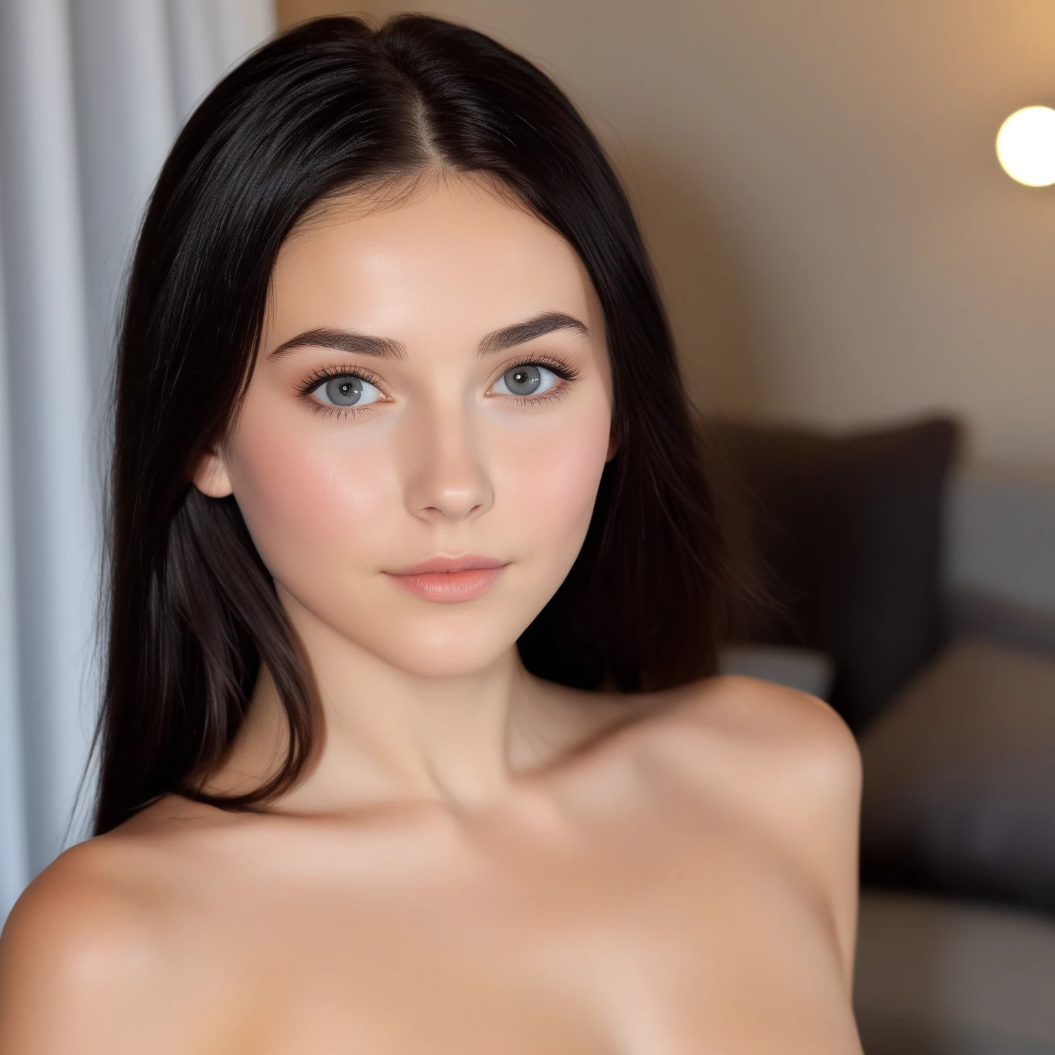 (Realistic:1.2), full body shot. a ultra real full body shot photo of 18 years old cute woman, black eyes. long black hair on covering her body, sexy and nude, At the background a ultra close up macro details, ultra contrast, of ultra dark decor. Intricate details of her beautiful eyes and perfect face.