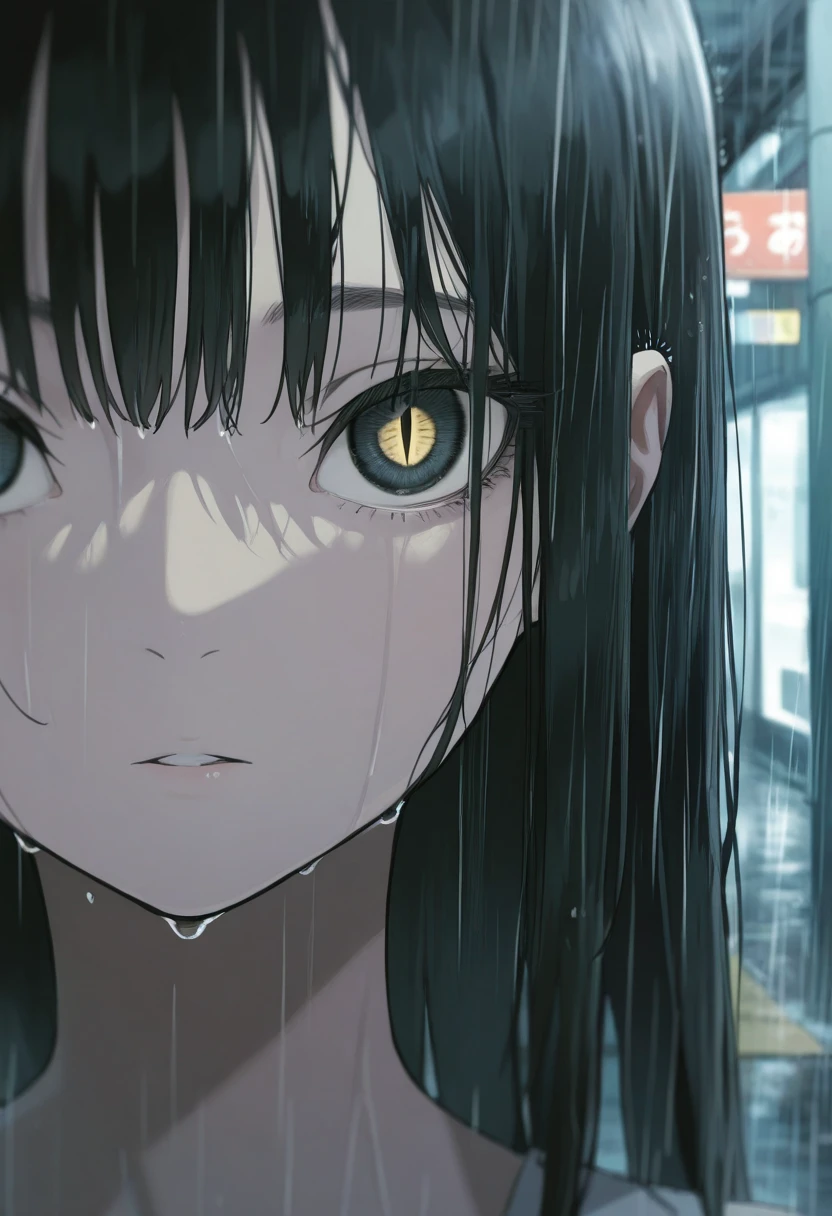 1girl, portrait, black hair, straight hair, looking at viewer,
outdoors, rain, unusually open eyes, vanishing point, depth of field, ultra-detailed eyes, slit pupils,
very awa, best quality, highres, masterpiece,