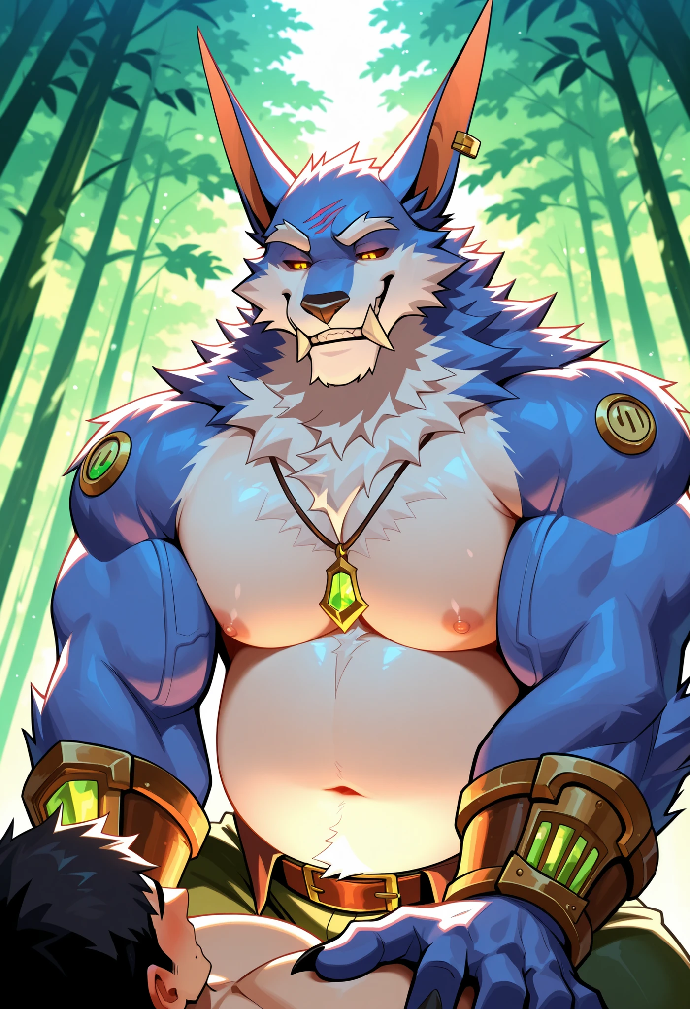 4k, score_9, score_8_up, score_7_up, mature, male focus, male, (detailed face), (detailed eyes), sharp focus, masterpiece, best quality, amazing quality, good lighting, anthro, bara, 5finger, slightly chubby, warwick_lol, topless, leaking mess, hopeful, warm smile, pendant, attractive, handsome, affectionate, with you