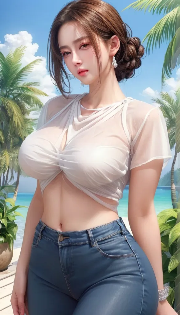 best quality, Masterpiece, Beautiful teenage girl with a perfect body, Long black hair, Slim stomach, big breasts, Thin white shirt, no bra, The buttons were thin and damp all the way up to the length of the shirt., Hawaiian pattern pants, Wet from the rain, rain, wet body, ผิวหน้าและผิวที่มีHighly detailed, Smooth skin, sexy, Standing at the water park, CG Highly detailed, Very beautiful and elegant,very detailed eyes, Fine texture, Detailed fabric, Beautifully detailed face, complicated details, Special details, 3d, 30k, movie theater light, Stunning light, shallow depth of light, Beautiful clothing details, Highly detailed, UDR, Sharp focus, Physics-based rendering