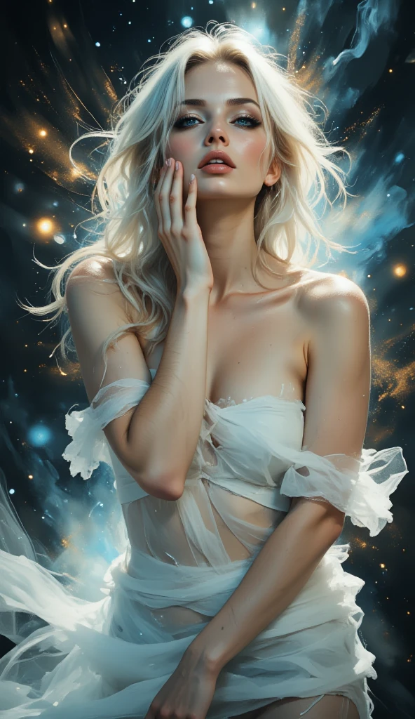 very sexy girl, long blonde hair, very small breasts, on a sofa, wearing only an open white shirt, open shirt, showing breasts, very thin, eroticism, sexy and powerful composition, emotional impact ((from below)), magic, fantastic, night sky window, moon, stars, background, alone, very beautiful, cute, adorable, embarrassed, alone, blue eyes, white skin, Glowify (simple oil painting in the style of Bill Sienkiewicz) black and white image