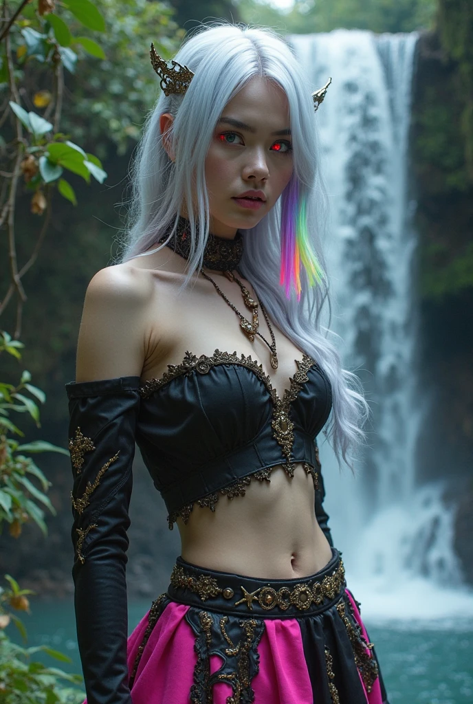 beautiful young woman, white hair, dark purple sorcerer dress, seated on a rock in an eerie, forested setting, Celtic godness, headpiece adorned with flowers, holding a staff, green eyes, round and squishy breast, bare midriff, intricate tattoos on her leg, thin waist, above angle, face focus