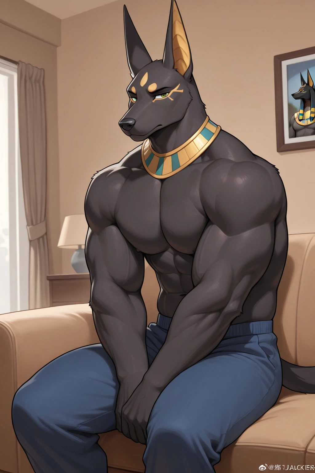 Create an image of a 23 year old boy, with light gray eyes, black fur, marked jaw, Eyebrows marked, muscular with tattoos, He is smoking a cigarette in a luxurious armchair and only has comfortable black pants.