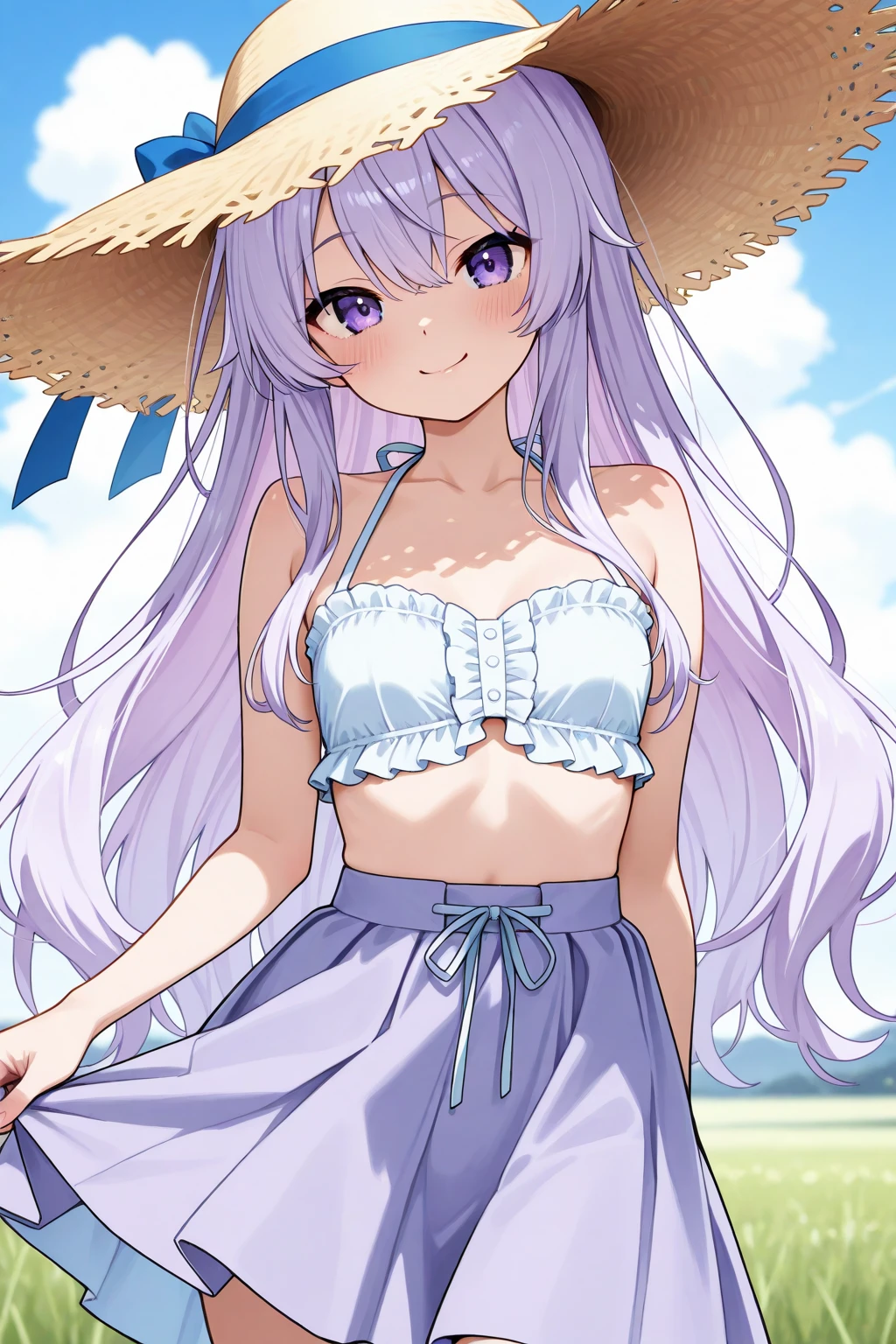 (ultra high resolution, 8K wallpaper, masterpiece, extremely detailed illustration, clear focus), anime moe artstyle, (POV), 1 girl, solo, looking at viewers, sumshizuru, long hair, purple hair, straw hat, twin braids, white bikini, necklace, flower bracelet, belt, thigh strap, sunflower, bright fine pupils, beautiful eyes with highlight, high detailed face, ((lying on the sandy beach)), smile, closed mouth, outdoor, beach, wet, palm trees, night, starry sky, cinematic lighting, (correct anatomy),