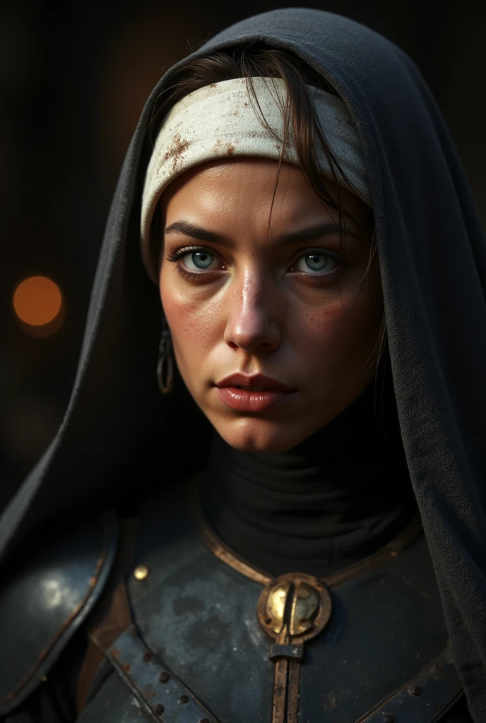 Woman, medieval woman, smile, brown eyes, bald, covered forehead, no visible hair, no hair showing, hair covered, hair completely covered, freckles, chain mail hood, silver armor, silver breastplate, 4K, 8K, masterpiece