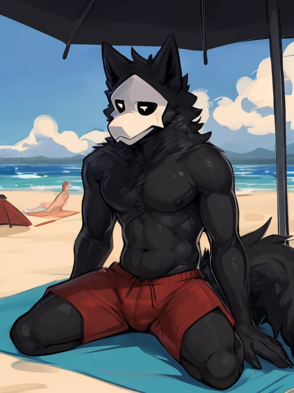 Male, Lobos, ojos violetas detallados, cola larga, socorristas, tomando sol en la playa, vistiendo una tanga blanca, delgado, astuto, fondo sencillo, sonrisa afectada