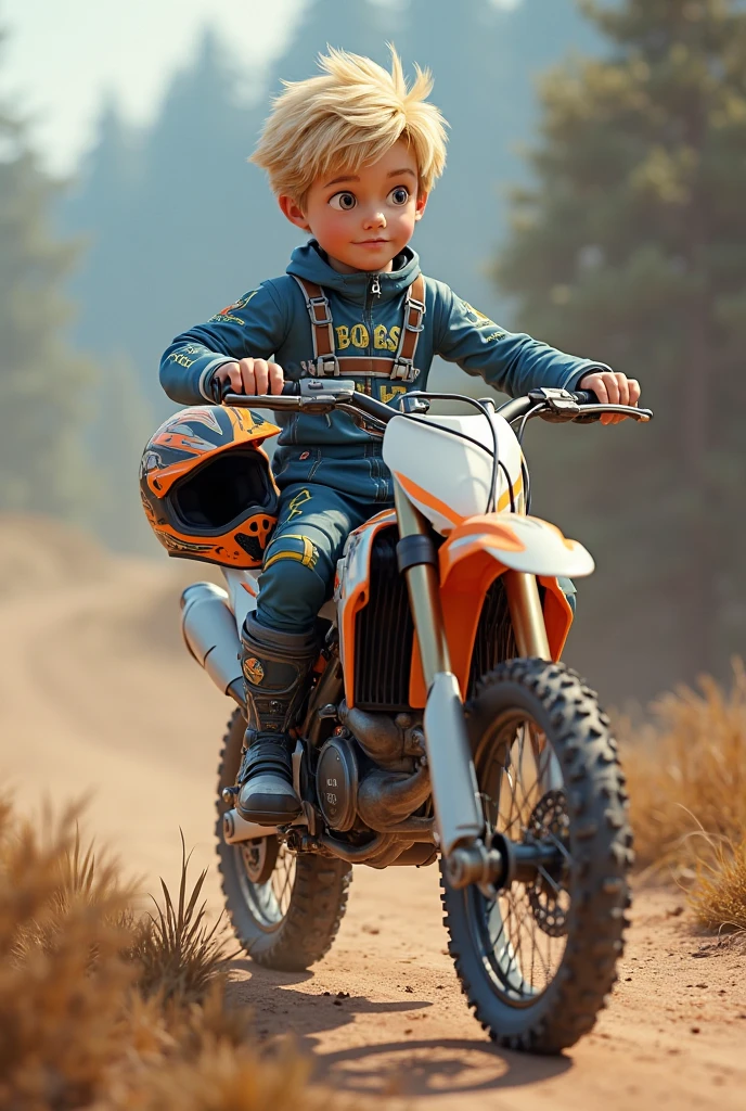 I want you to create an image with an attractive background and a motorcycle with a boy standing looking at the motorcycle, where you can see the boy's back and on the boy's back it says anderson