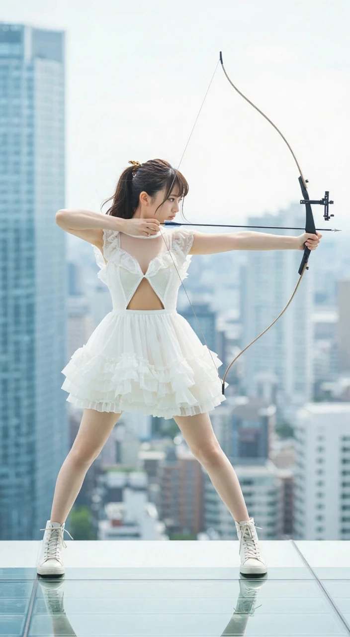 Beautiful woman with bow and arrow,Full body back,Faraway view