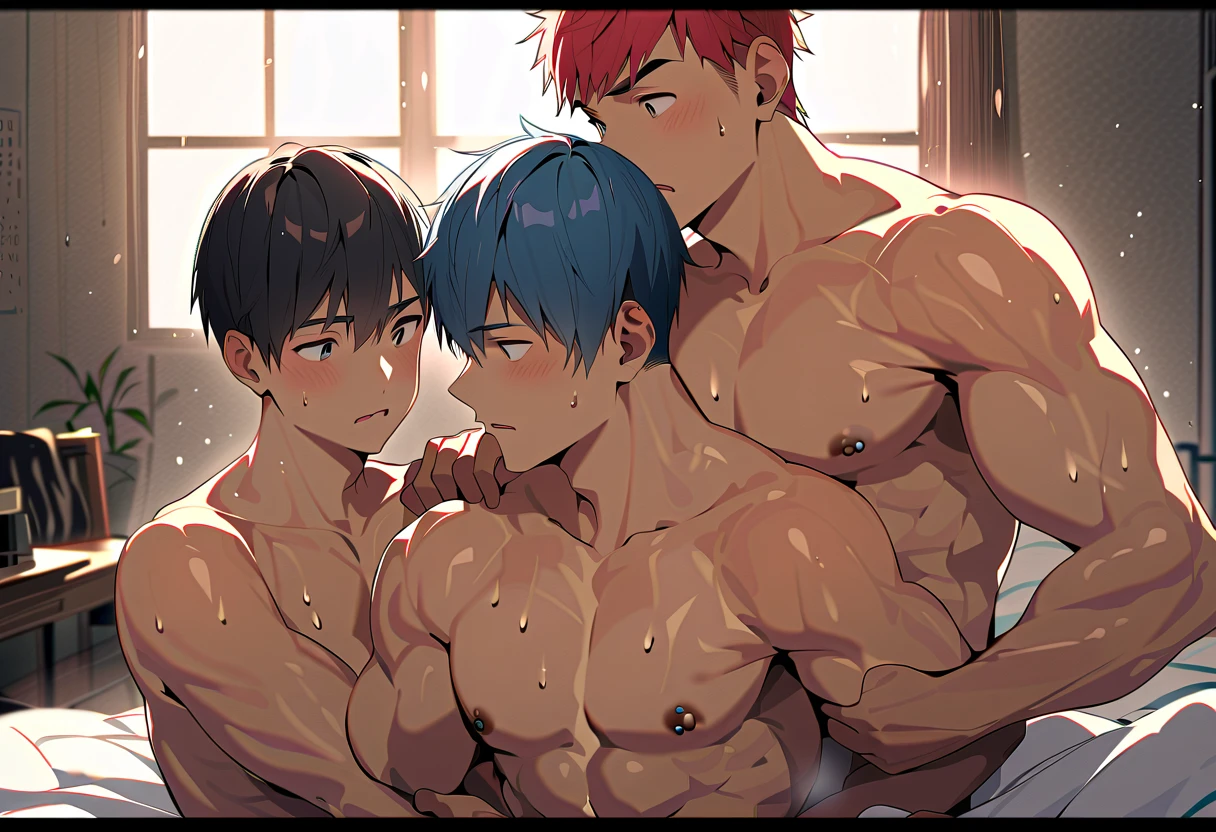 2boys,((1boy, green eyes, bright pupils, white pupils, brown hair, chubby)),((1boy, red eyes, bright pupils, white pupils, red hair,freckles, muscular)) , nude, cowboy shot, (classroom:1.2), smile, open mouth, (fang:1.2),((shota)), score_9, score_8_up, score_7_up, BREAK source_anime, best quality, masterpiece, uncensored, detailed penis