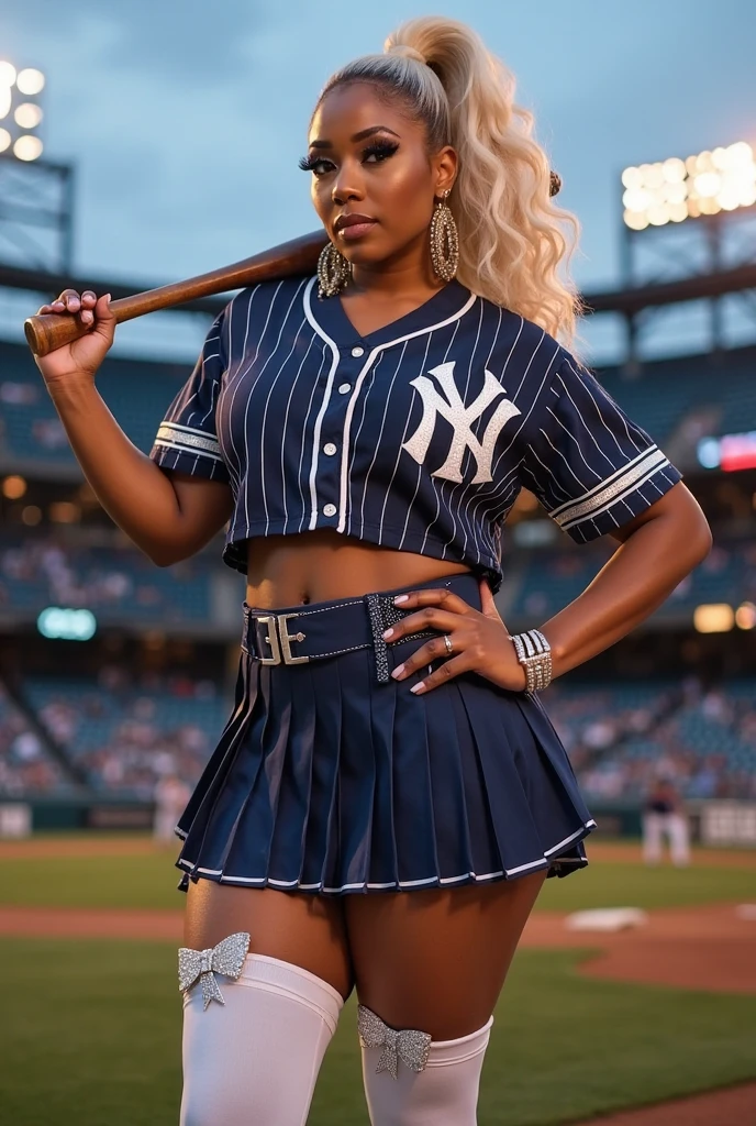 1girl, dark skin, dark-skinned female, white hair, very short hair, blue eyes, large breasts, breasts, wide hips, thick thighs, wide hips, mature female, hourglass figure, athletic female, toned, toned female, tall, tall female, smile, bikini, highleg bikini, highleg, white bikini, blue trim, bat, ((baseball bat)), badeball bat, baseball cap, cap, hat, stadium, smile, elbow gloves, jacket, blue jacket, cropped jacket