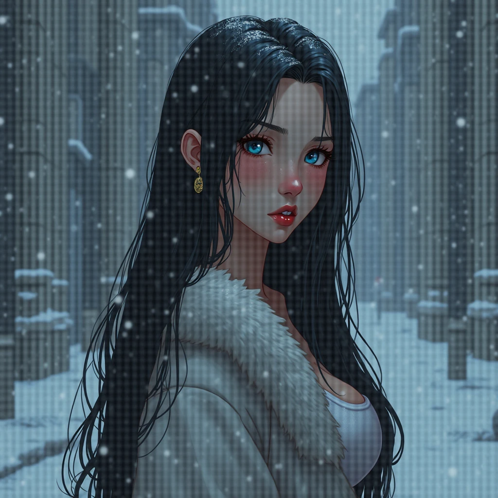 beautiful girl with realistic black eyes, pale skin, mid-length black hair, perfect face, perfect eyes, wearing coat, highly detailed, comprehensive cinematic, digital painting, 8k, cinematic lighting, best quality, highres, detailed work, post-processing, perfect result, hyper realistic