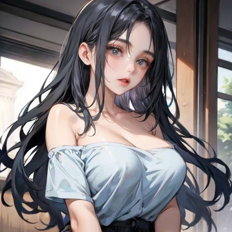 ulzang-6500-v1.1,(RAW photogr:1.2),((Photorealsitic:1.4)),top-quality,tmasterpiece, illustratio,{(Extremely delicate and beautiful:2.0):2.0}, extremaly detailed cg ,Unity,{(8K wallpaper:2.0)}, astounding、finedetail, offcial art,Extremely detailed CG Great Unity 8k wallpaper,absurderes, unbelievable Ridiculous, hugefilesize, ultra - detailed, A high resolution, a beautiful detailed girl, extremely detailed eye and face, beatiful detailed eyes,Facial light,(((😃))),{(thighs thighs thighs thighs)}, {(full bodyesbian))} (((straight bangs:))),(((Very long black hair, Ridiculously long black hair:1.1))),Long black hair like a stream of water, There is a shiny black hair in the back, Black hair sparkles like silk threads, Long black hair sparkles like a jewel, brunette color hair，The feathers are wet, 1girl in, (Blush)+, light  smile, school uniform, Short sleeves, Narrowed eyes, (upward eyes)1.1, Backlight, Bokeh, (transparent white shirt), neck bowtie, (Huge breasts, super breasts), Plaid skirts, White panties, ,a beauty girl, Blush, Seductive smile,Crazy detail and very detailed, Huge lower eyelids. masutepiece, of the highest quality, hyper HD, max res, Very detailed, Clean skin,