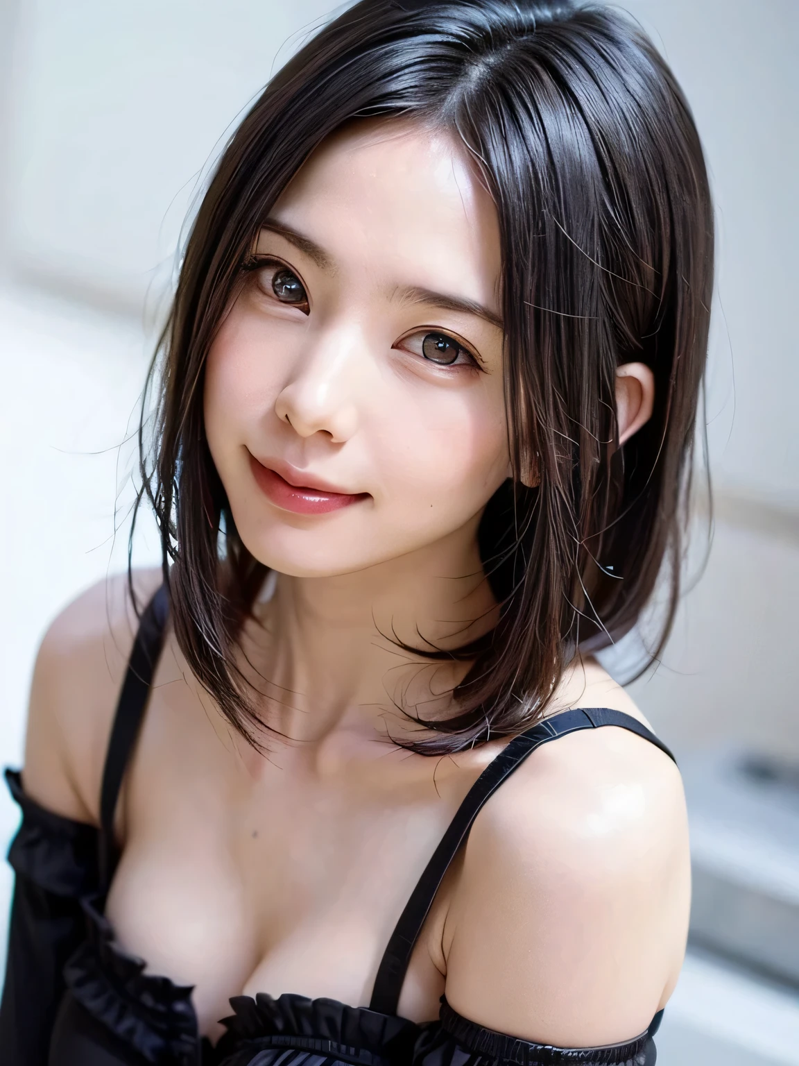 (masterpiece, Highest quality),One Girl, alone, Black-haired, scarf, have, Realistic, Realistic, Looking at the audience, Light-coloured black eyes, Short Brunette Bob, Brown coat,, lips, prohibit, Plein Air, Upper Body、Big eyes、Beautiful view of sparkling snow lassi))、(((Short bob hair with bangs:1.4、Shiny Hair、prohibit:1.4、Big eyes、large full chest、Accentuate the eyes、Gazing at the audience、Beautiful beauty、Listen carefully、Long neck、Laugh a little、smile、Ideal body type)))、{Huge|big|Hugeな|Mega} chest:2, chestの谷間:2