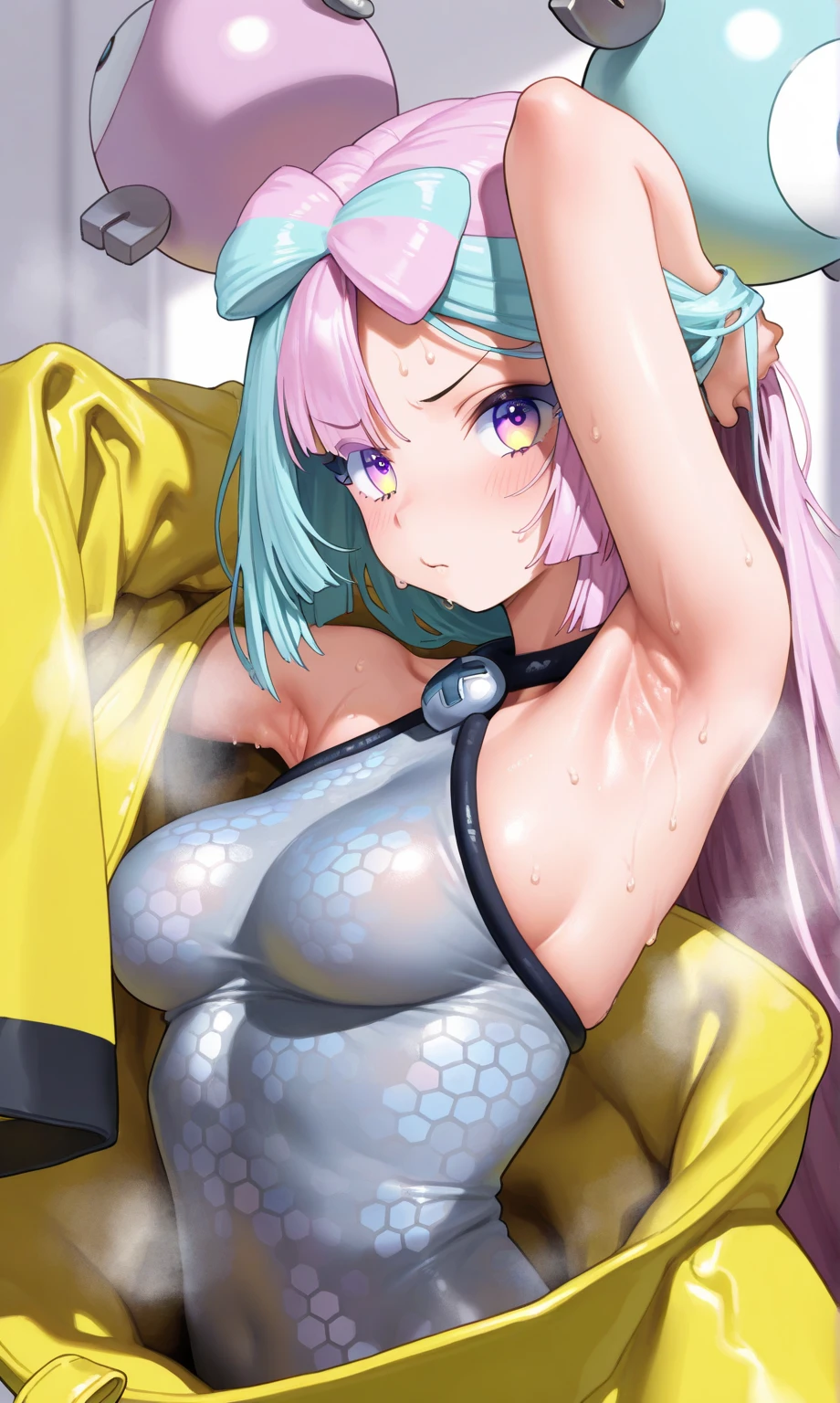 (By torisan), 1 girl, seiun sky /(umamusume/), horse girl, straight-on, sketch, on ground, lying , restrained, blush, ((female orgasm)), (curvy), covered nipples, skin tight, bodysuit, torn clothes, cameltoe, shiny skin, sweat, steam, tentacles, beautiful color, detailed, amazing quality, nsfw