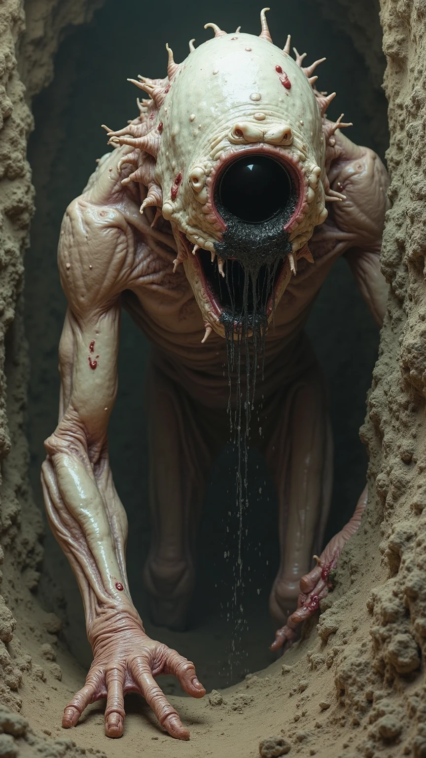reelhorror,creature, humanoid, dismembered, multiple creature made of amalgamation of bodies, crotesque, bloody, standing, blood, multiple body members, monster, injury, blood, death, messy, indoor, pov scene, pov, horror