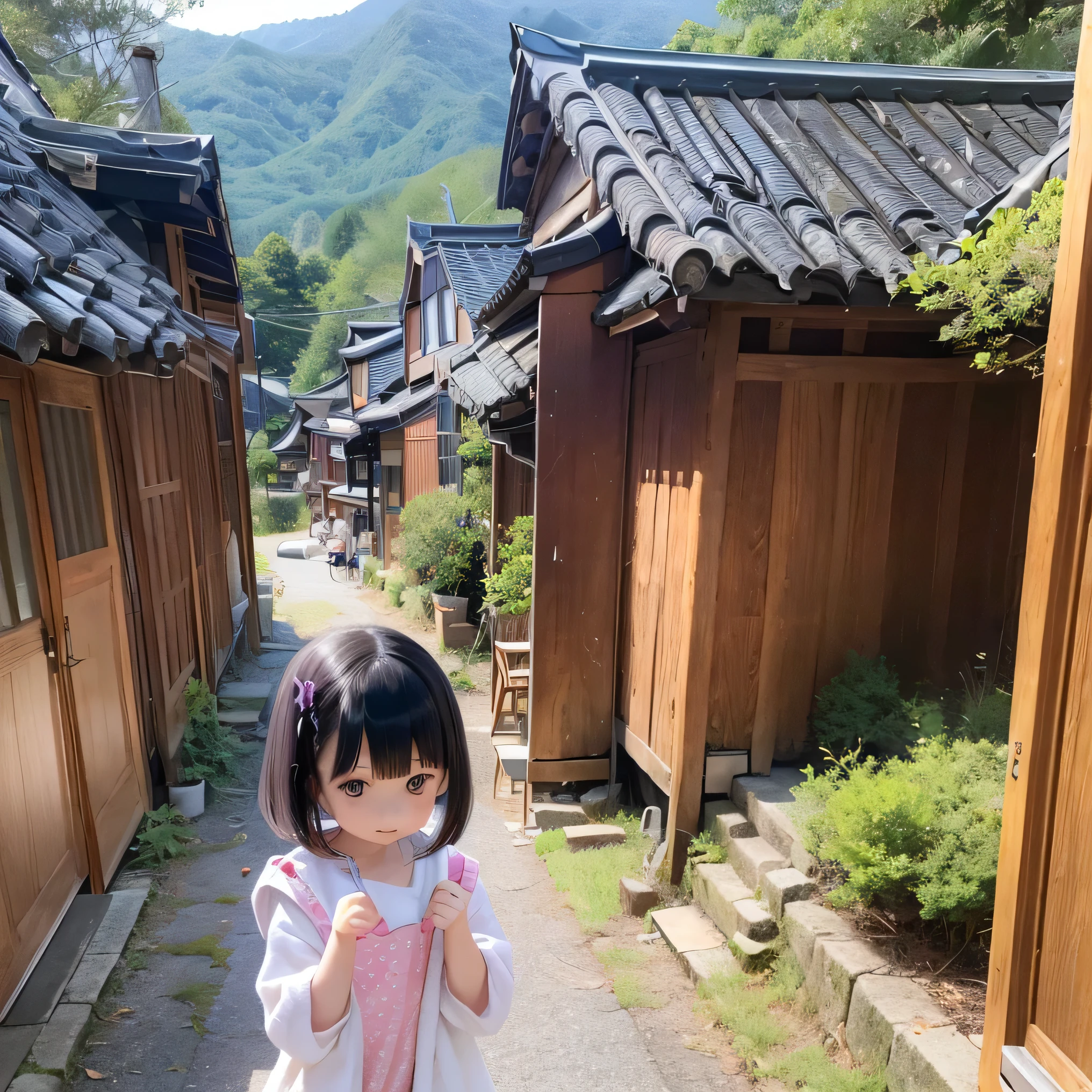 Poor small mountain village streets, villagers, old houses, very detailed, night, gloomy, terrifying, overlooking